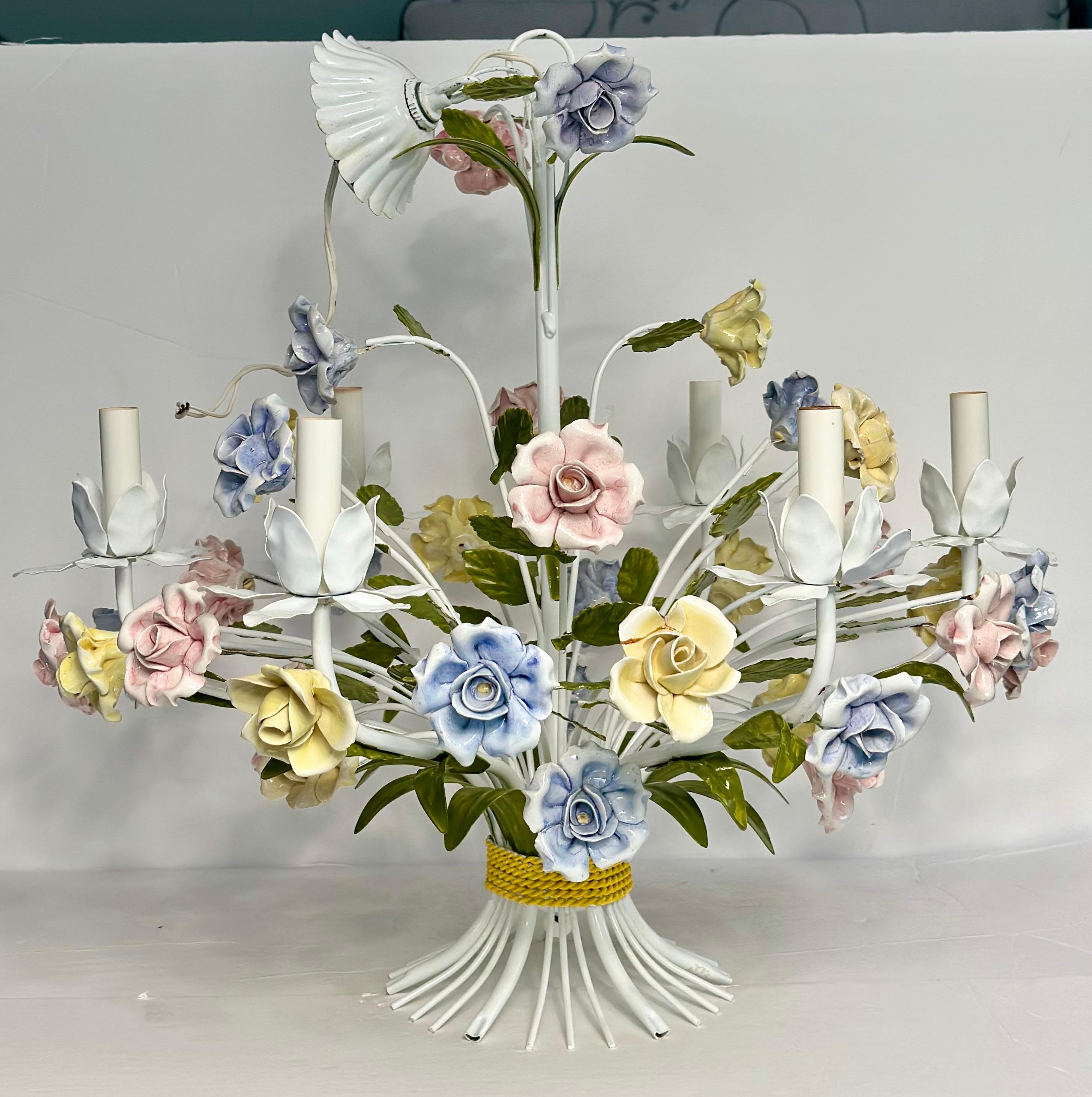 Metal 1950s Hollywood Regency Italian Floral Pastel Tole Chandelier Six Heads For Sale