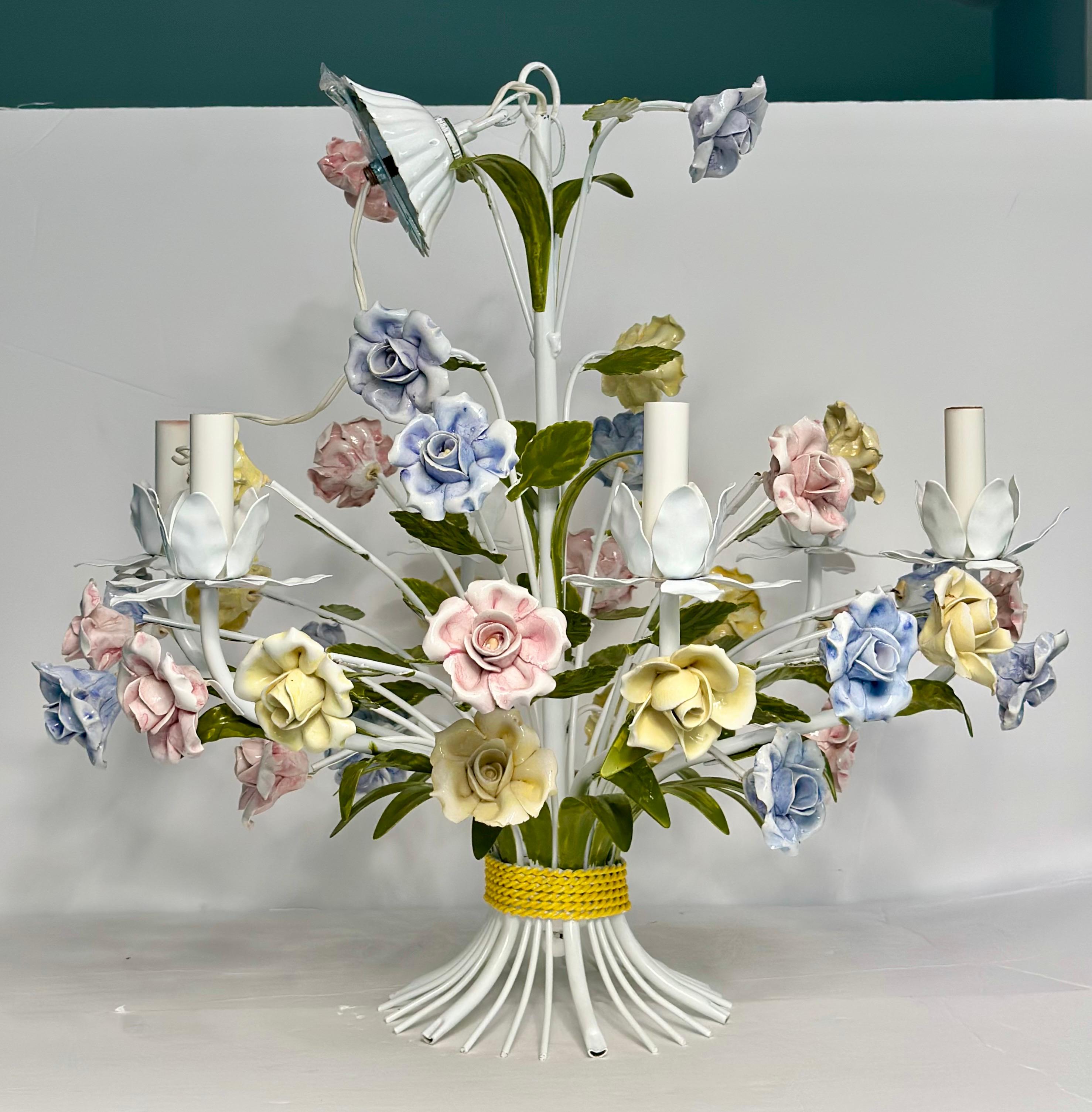 1950s Hollywood Regency Italian Floral Pastel Tole Chandelier Six Heads For Sale 1