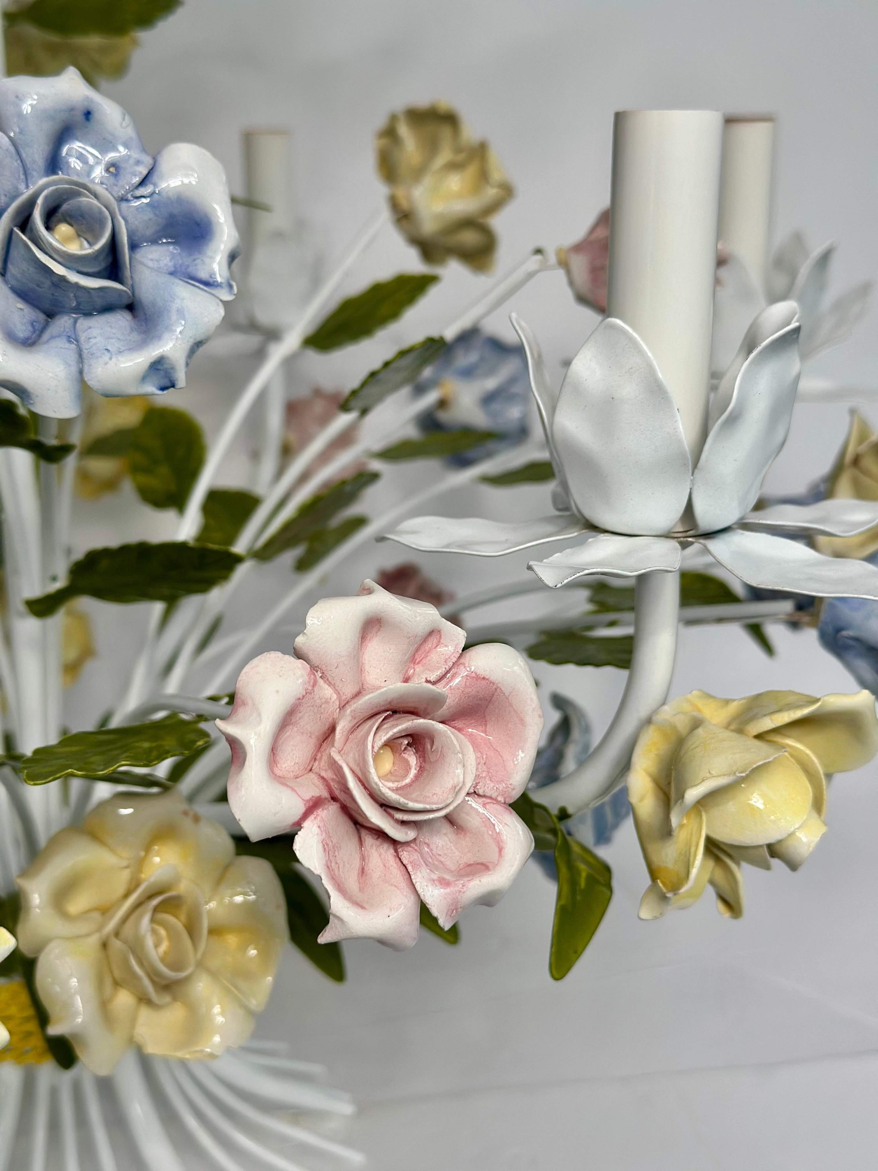 1950s Hollywood Regency Italian Floral Pastel Tole Chandelier Six Heads For Sale 2