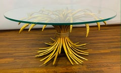 1950s Hollywood Regency Italian Gilt Wheat Sheaf Round Clear Glass Coffee Table