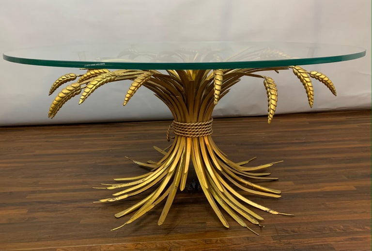1950s Hollywood Regency Italian Gilt Wheat Sheaf Round Clear Glass ...