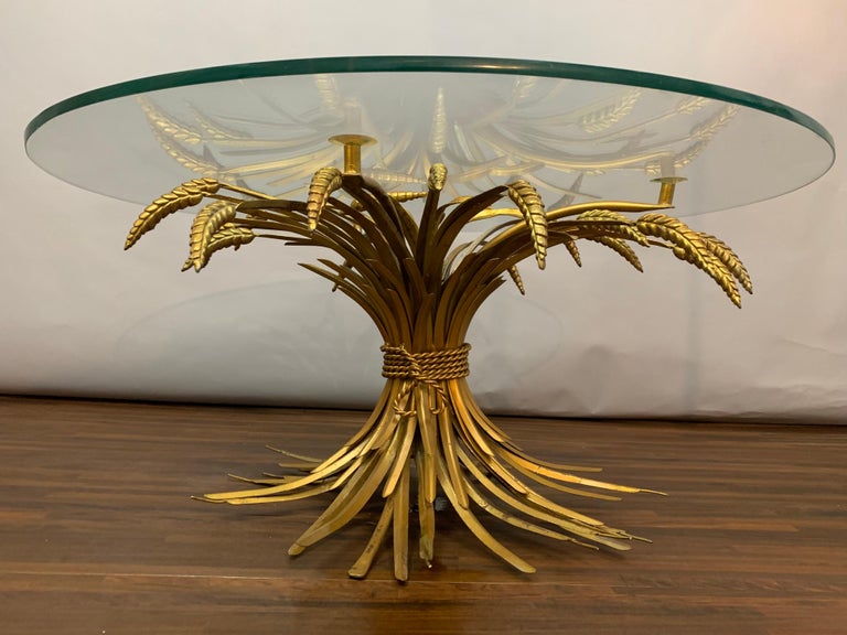 1950s Hollywood Regency Italian Gilt Wheat Sheaf Round Clear Glass ...