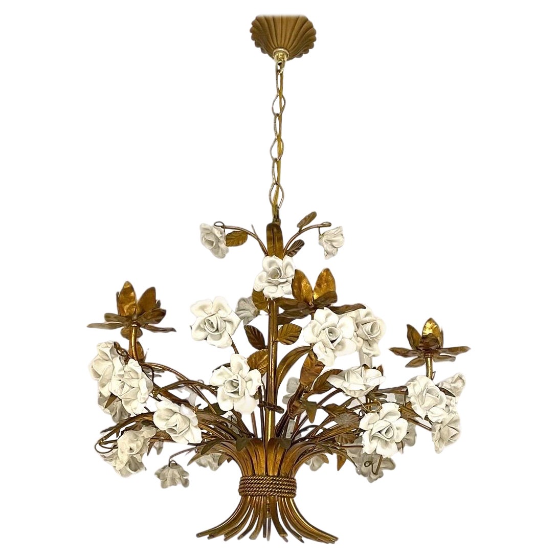 1950s Hollywood Regency Italian Gold Gilt Tole White Porcelain Roses Chandelier