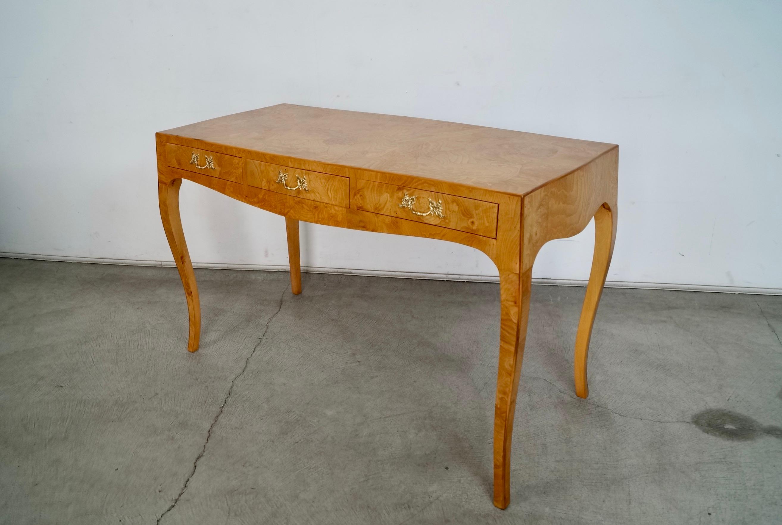 Brass 1950's Hollywood Regency Italian Oyster Patchwork Burl Wood Desk