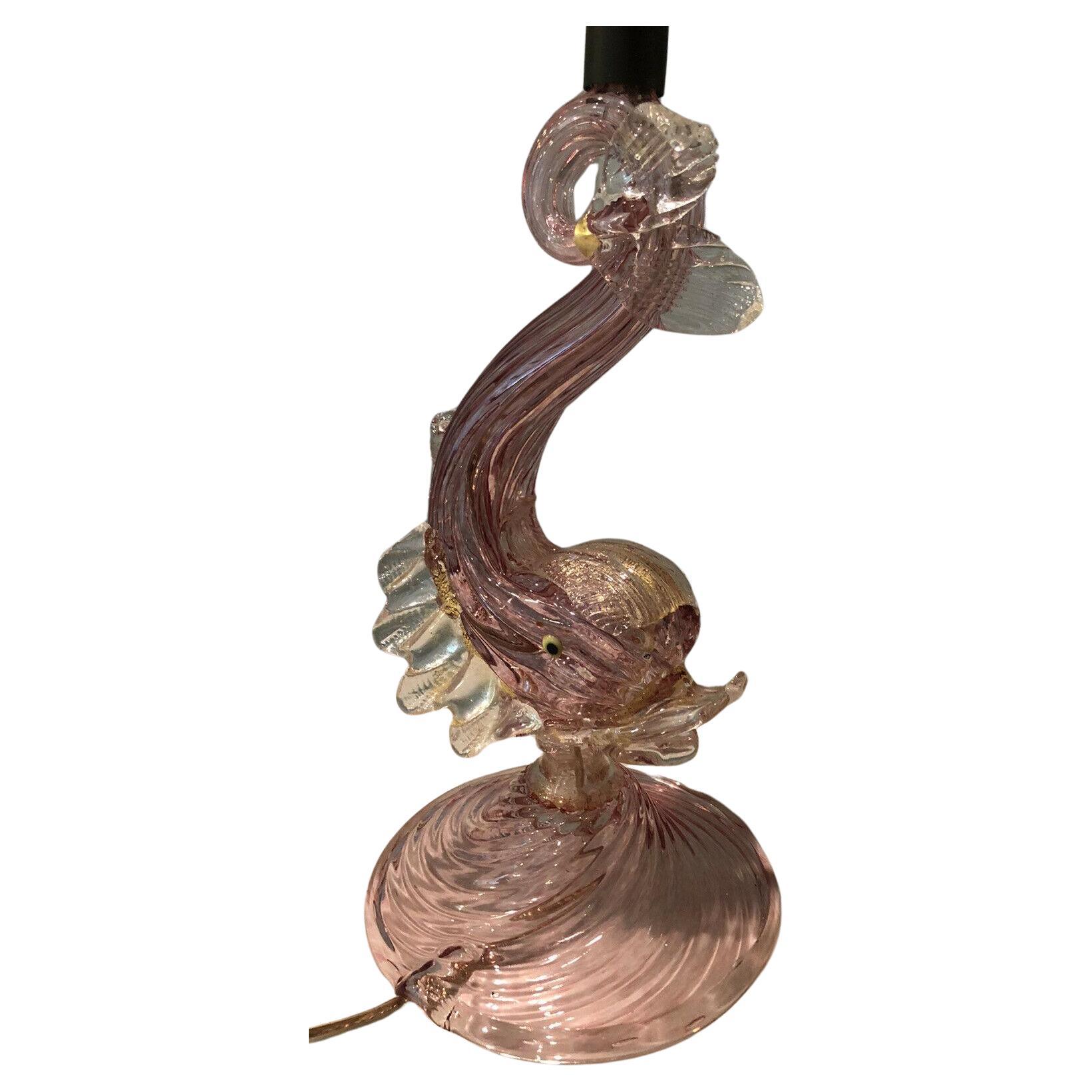 1950's Hollywood Regency Pink Murano Barovier & Toso "Fish" Dolphin Table Lamp For Sale