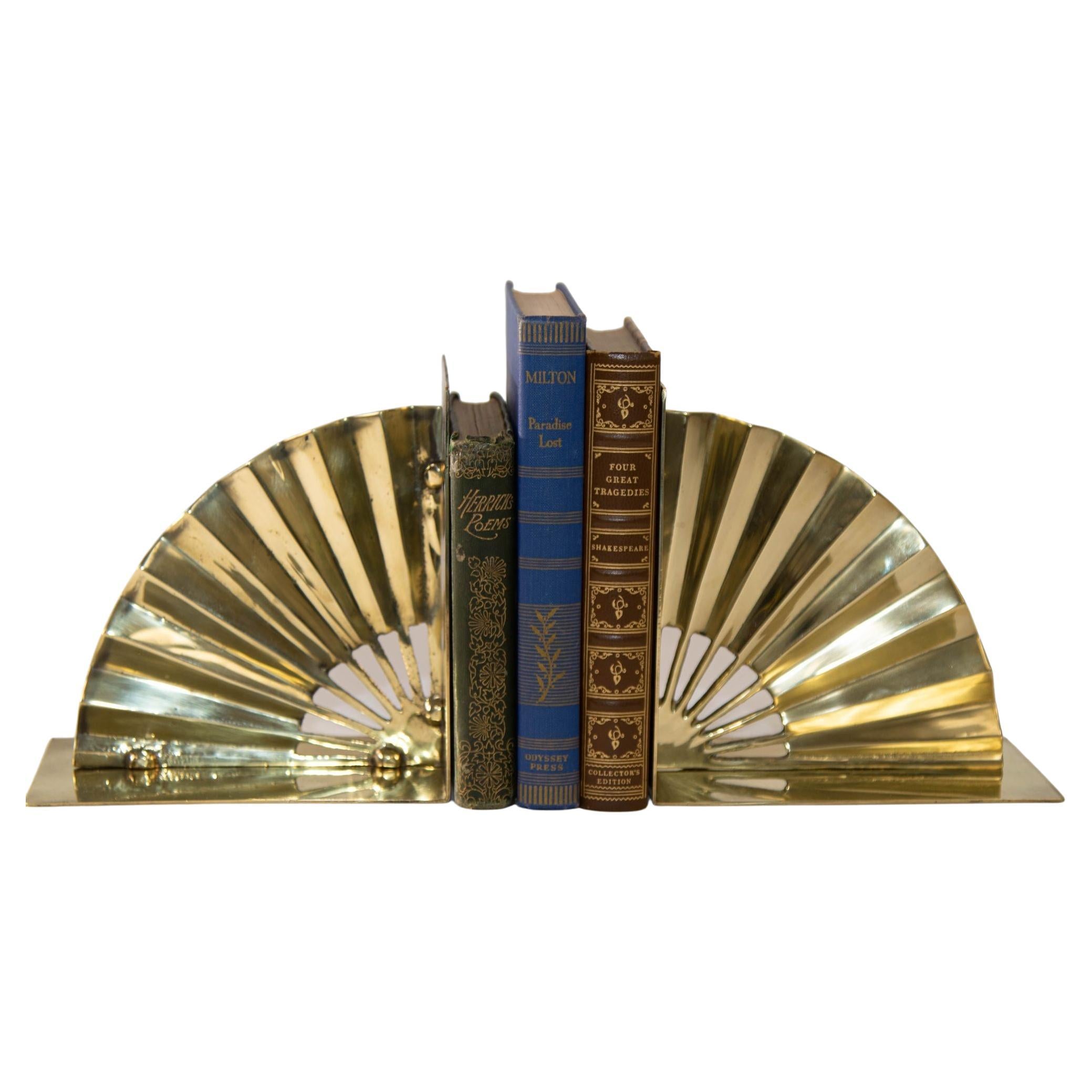 1950s Hollywood Regency Solid Polished Brass Bookends Asian Fan Shaped For Sale