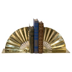 Retro 1950s Hollywood Regency Solid Polished Brass Bookends Asian Fan Shaped