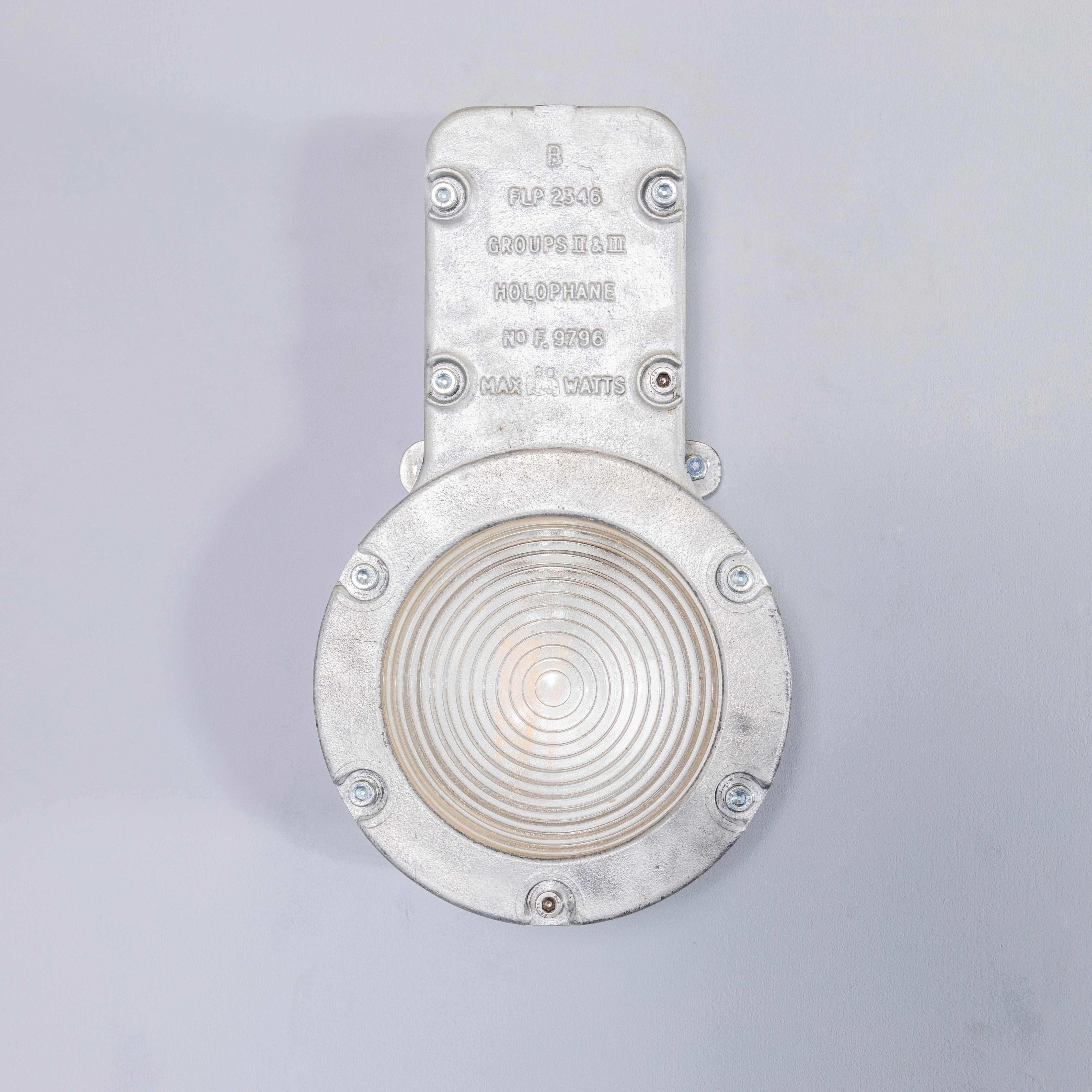 Aluminum 1950's Holophane Large Cast Bulkhead Lamp - Pair For Sale