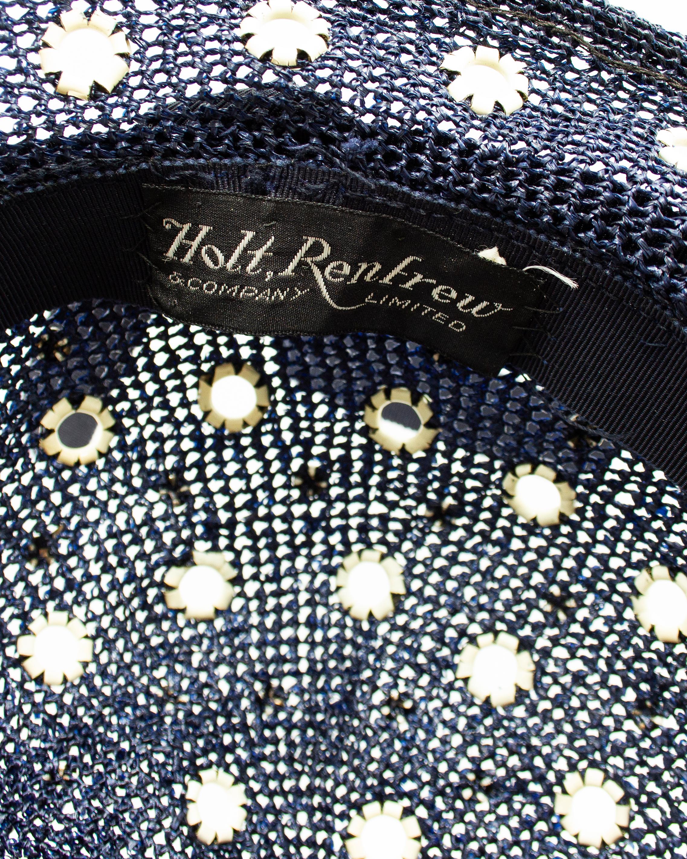 Gray 1950s Holt Renfrew Navy Blue Hat with White Grommets   For Sale