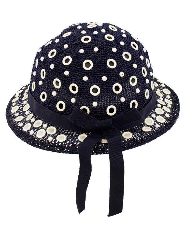 1950s Holt Renfrew Navy Blue Hat with White Grommets For  display picture 1