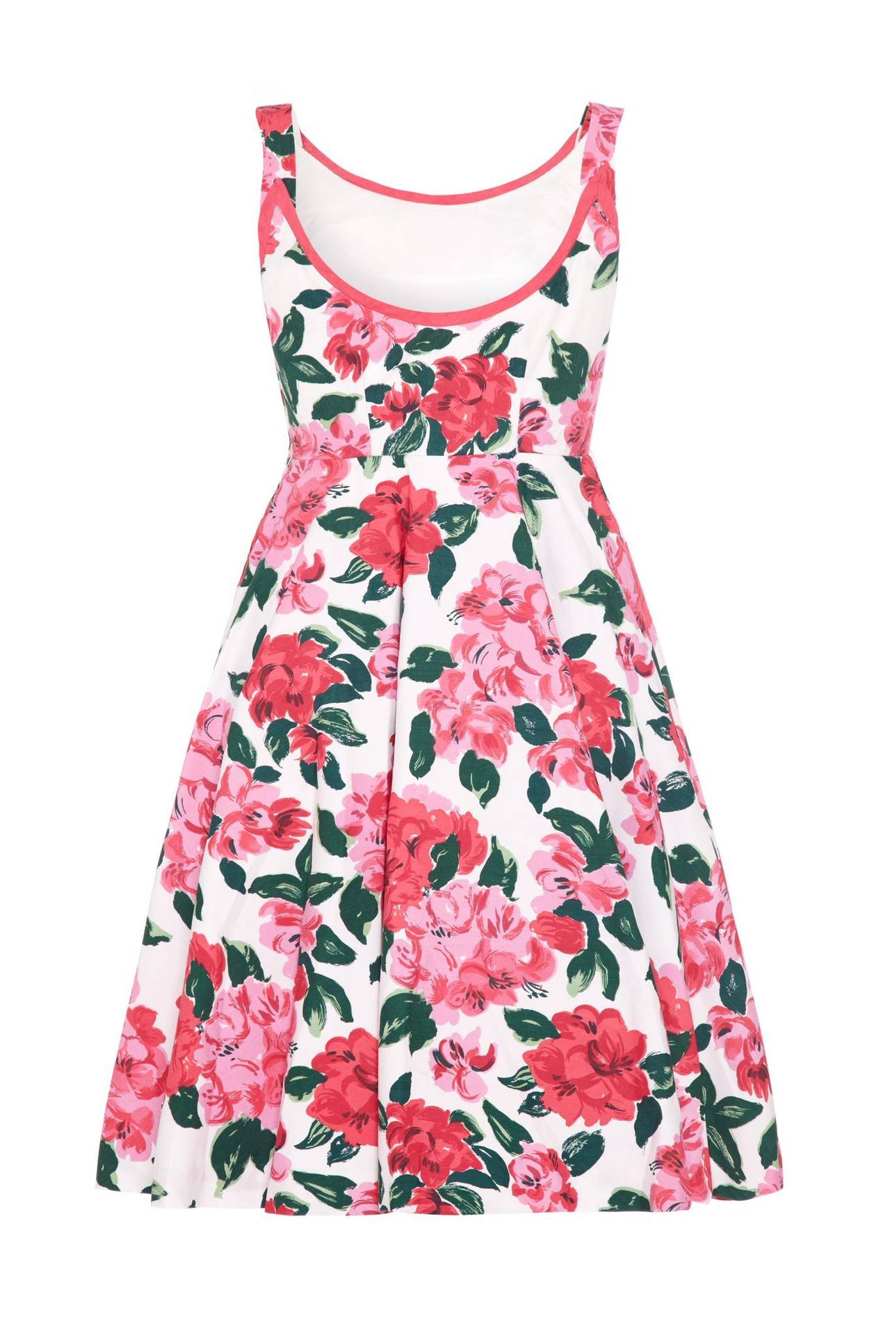 This beautiful 1950s white cotton sundress with pink floral print by respected British label Horrockses is in excellent vintage condition and of superb quality. This classic 1950s sun dress features a scoop neckline trimmed in fuchsia, an attractive