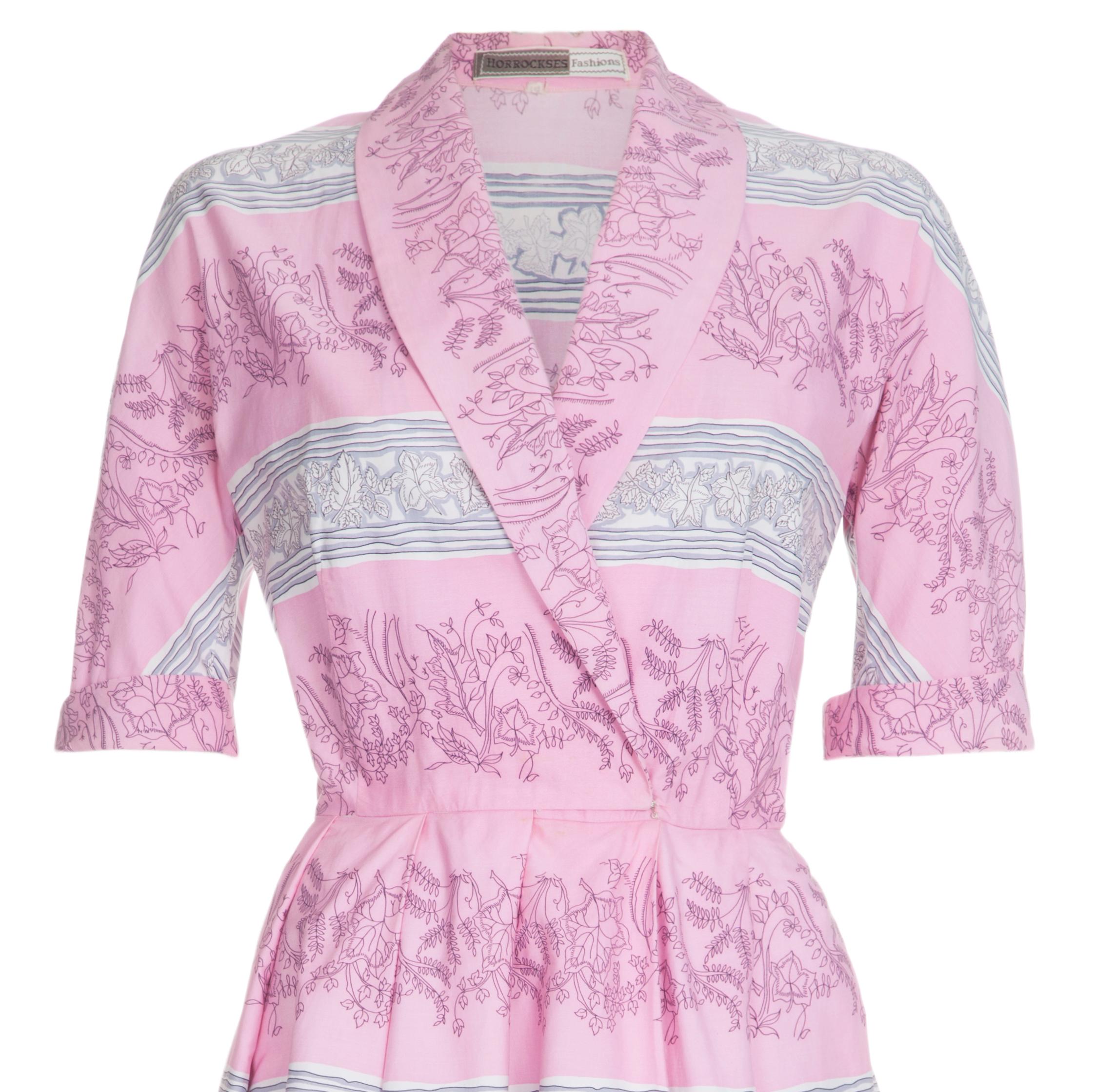 1950er Jahre Horrockses Rosa Baumwolle Neuheit Efeu Blatt Druck Kleid (Pink) im Angebot