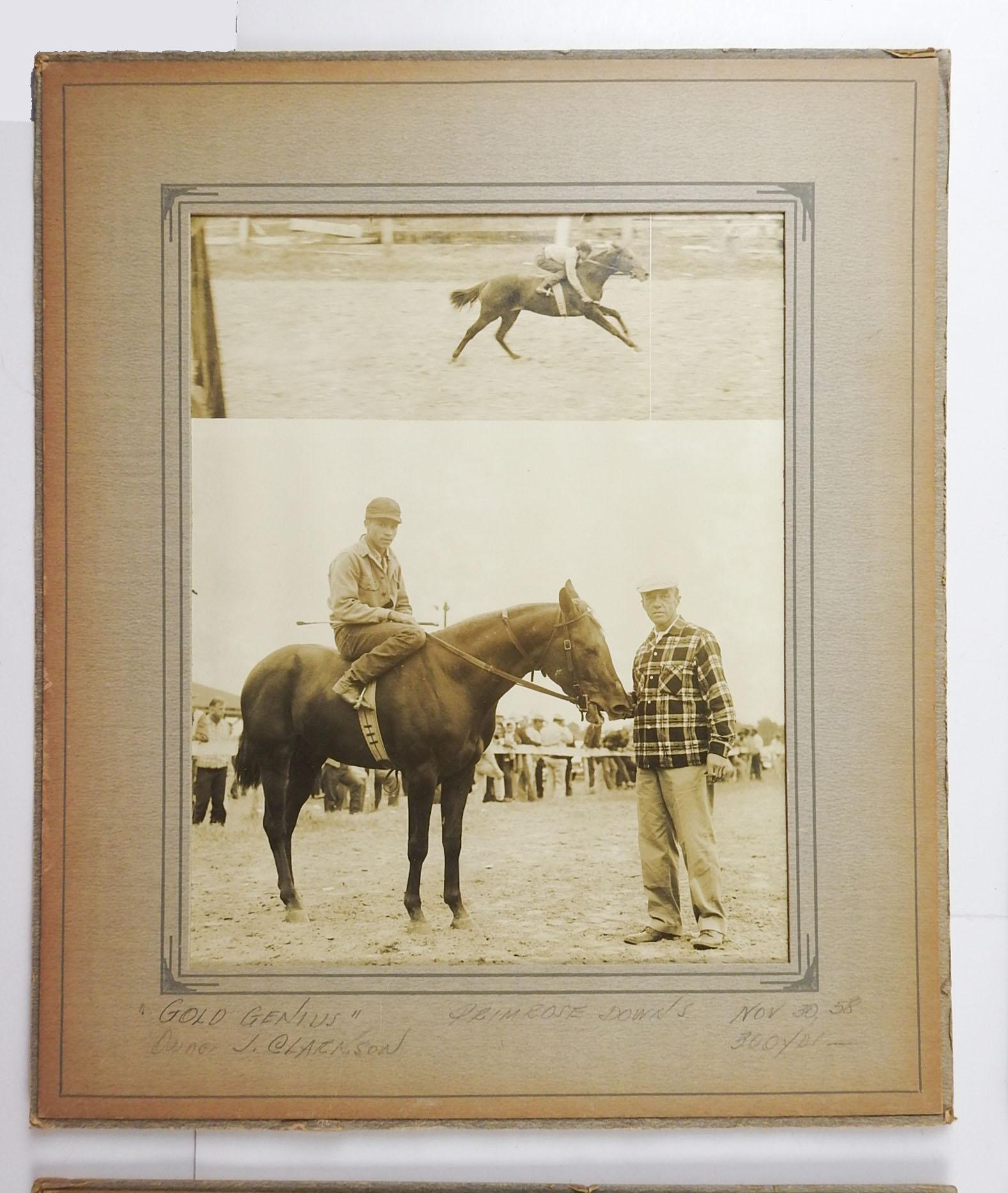 Set of 4 photographs on paper of 1958 horse racing winner circle and finish line. Each with pencil notations on mat of winner, Primrose Down Track and date. Unframed. Displayed under original mat with backing, age toning to mats, dimensions are for