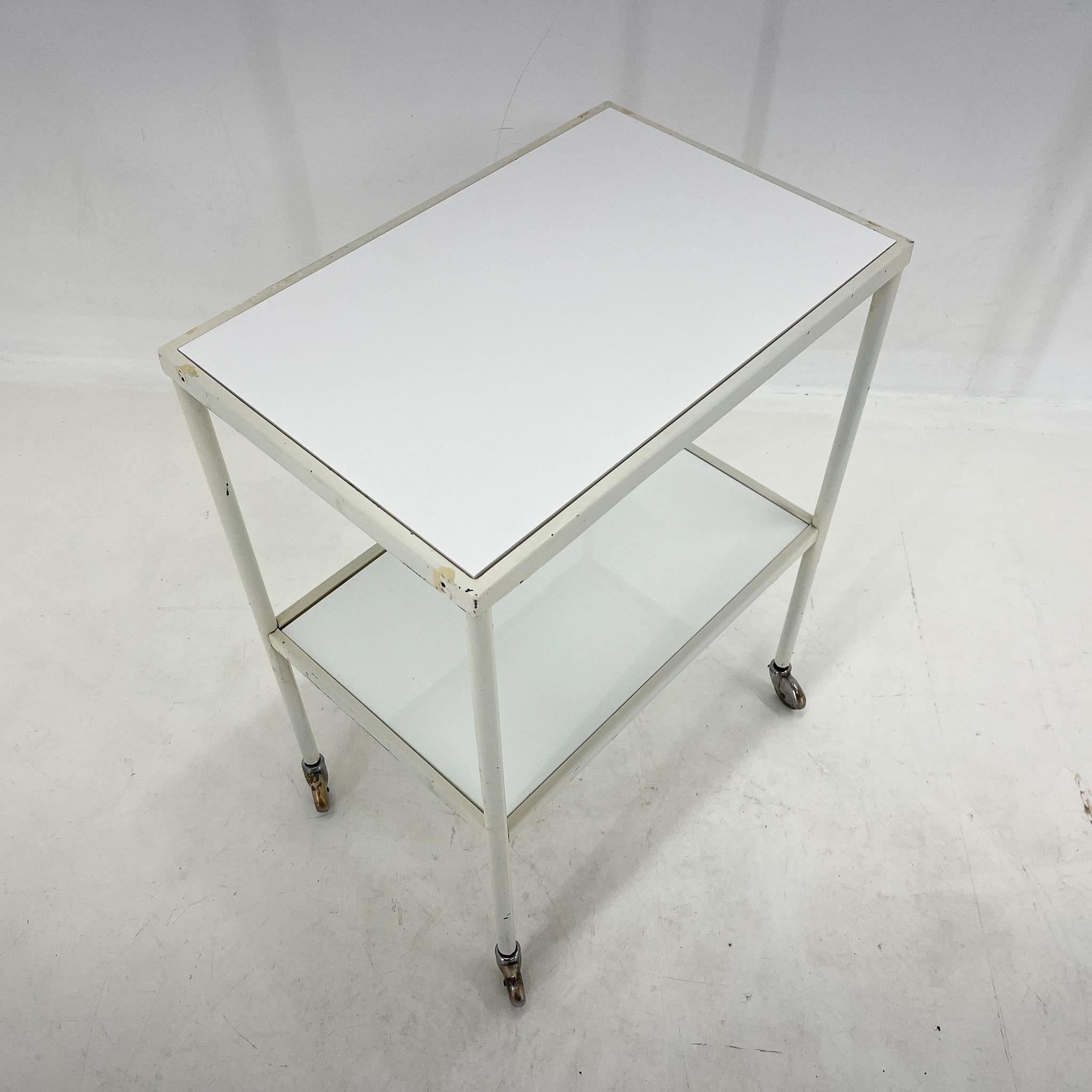 Metal 1950's Hospital Table / Trolley on Wheels with Opaxite Glass For Sale
