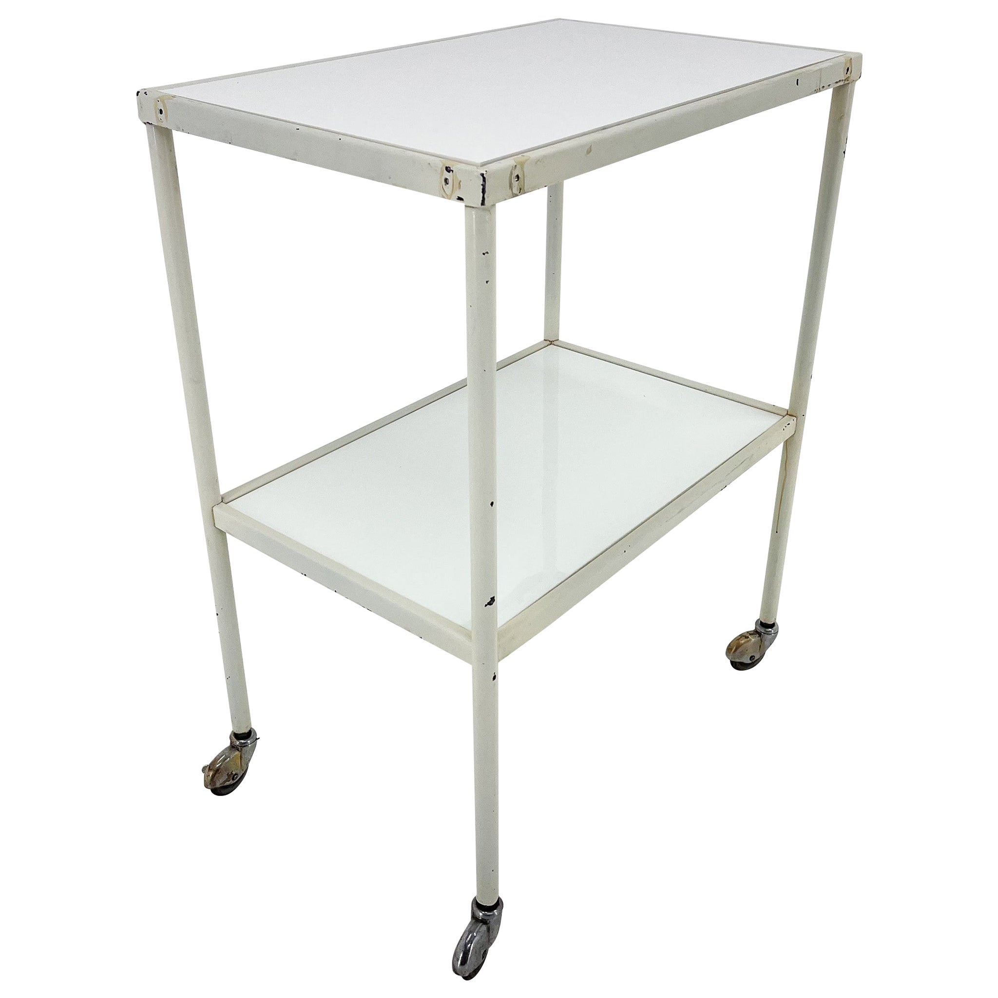 Mesa de hospital / Carro con ruedas de los años 50 con cristal opaco