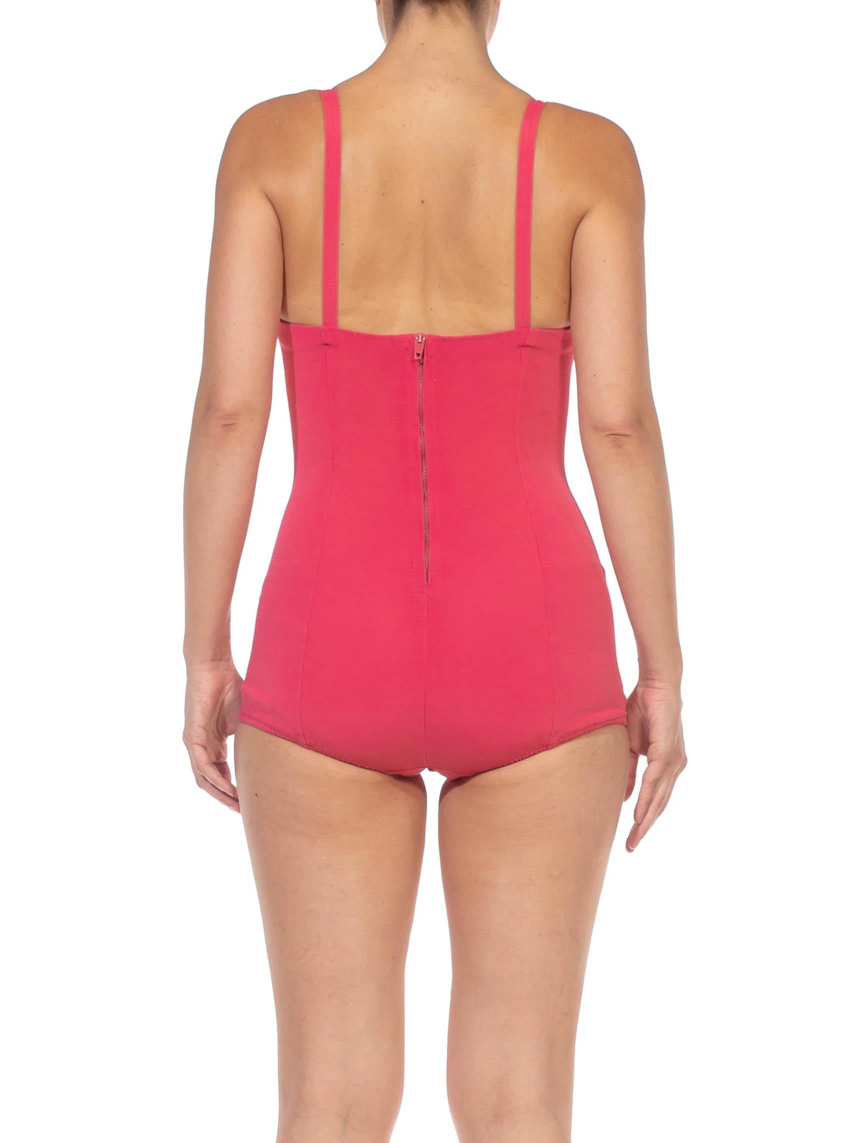 1950S Hot Pink & Black  Rayon Blend Embroidered Sweetheart Neck Swimsuit For Sale 5