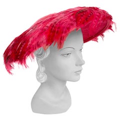 Vintage 1950s Hot Pink Feathered Picture Hat