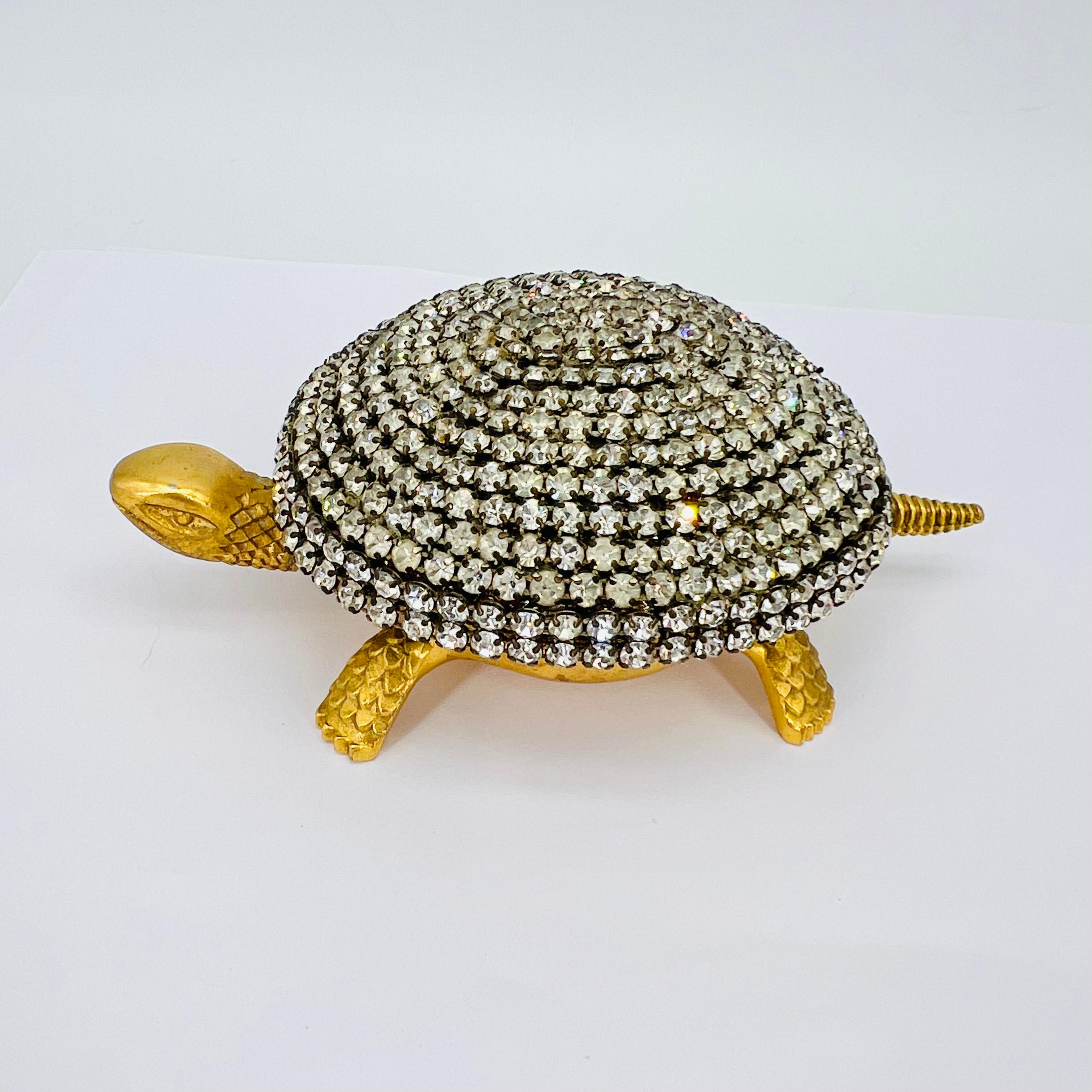 Rhinestone Turtle Concierge Brass Service Bell. A very unusual and rare mid-20th century Toledo gilt tortoise bell, covered in sparkling paste diamonds. Manufactured by BOJ of Eibar, Spain. This mid-20th century piece, gilded metal head, tail and