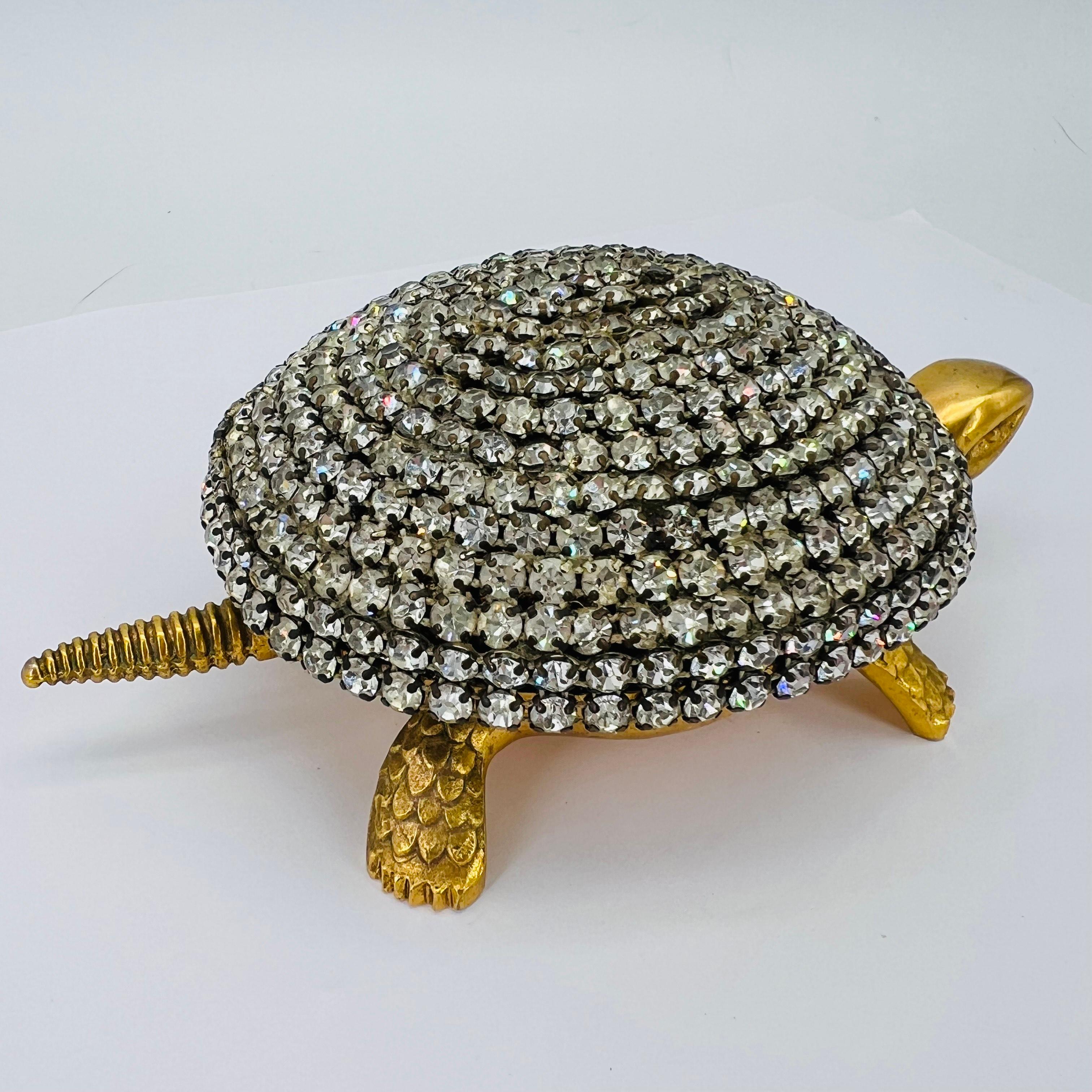 Hand-Crafted 1950s Hotel Concierge Desk Bell Brass + Rhinestone Turtle by Boj, Eibar Spain For Sale