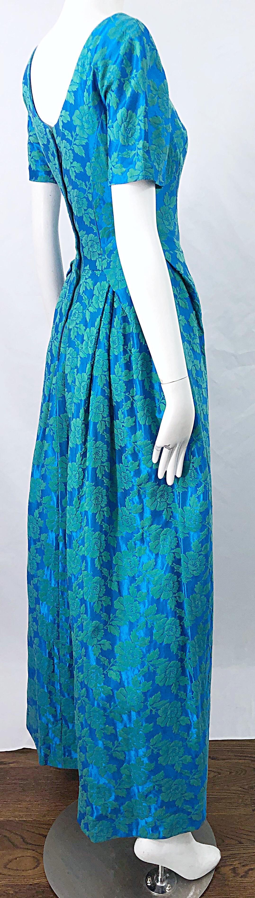 1960s House of Bianchi Demi Couture Turquoise Blue Silk Brocade Vintage 60s Gown For Sale 3