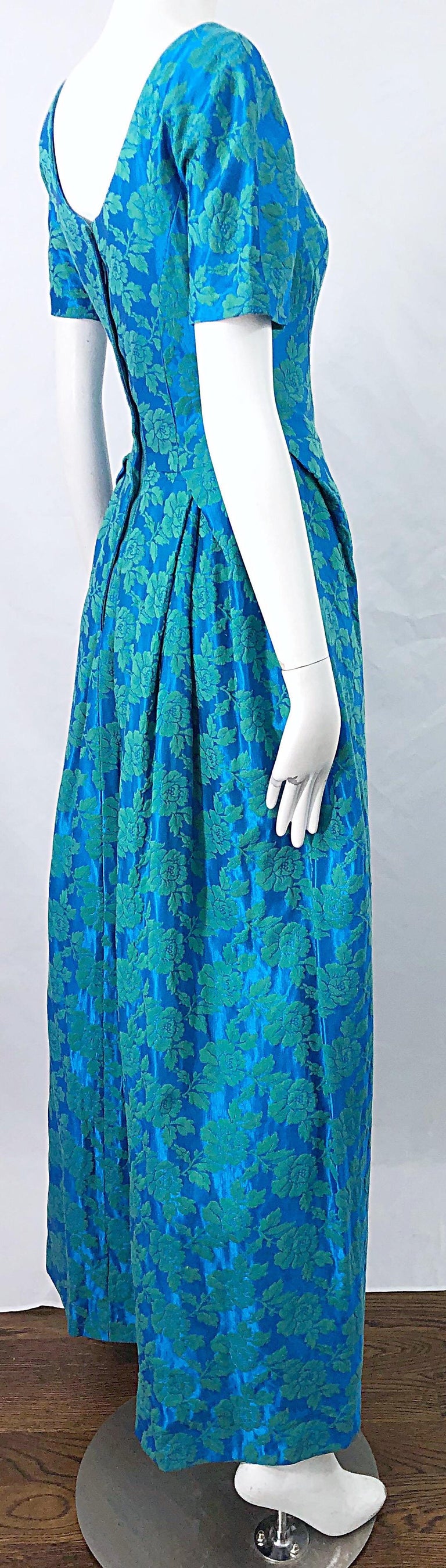 1950s House of Bianchi Demi Couture Turquoise Blue Silk Brocade Vintage 50s Gown For Sale 6