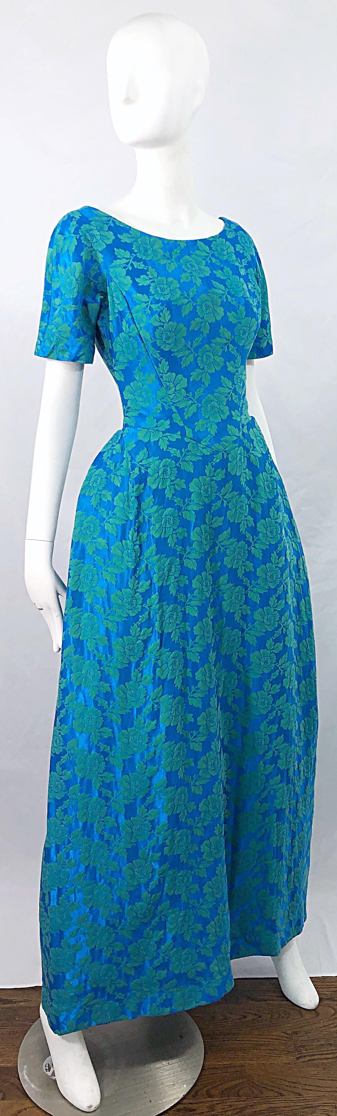 1960s House of Bianchi Demi Couture Turquoise Blue Silk Brocade Vintage 60s Gown For Sale 4