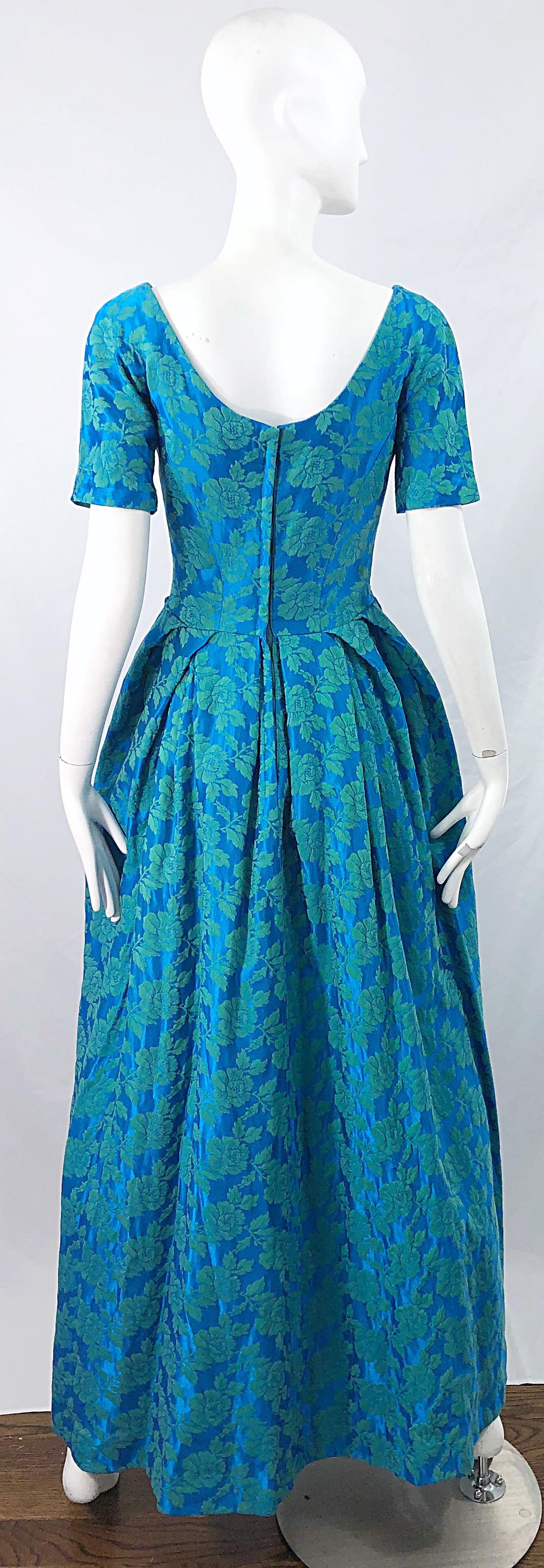 1960s House of Bianchi Demi Couture Turquoise Blue Silk Brocade Vintage 60s Gown For Sale 5