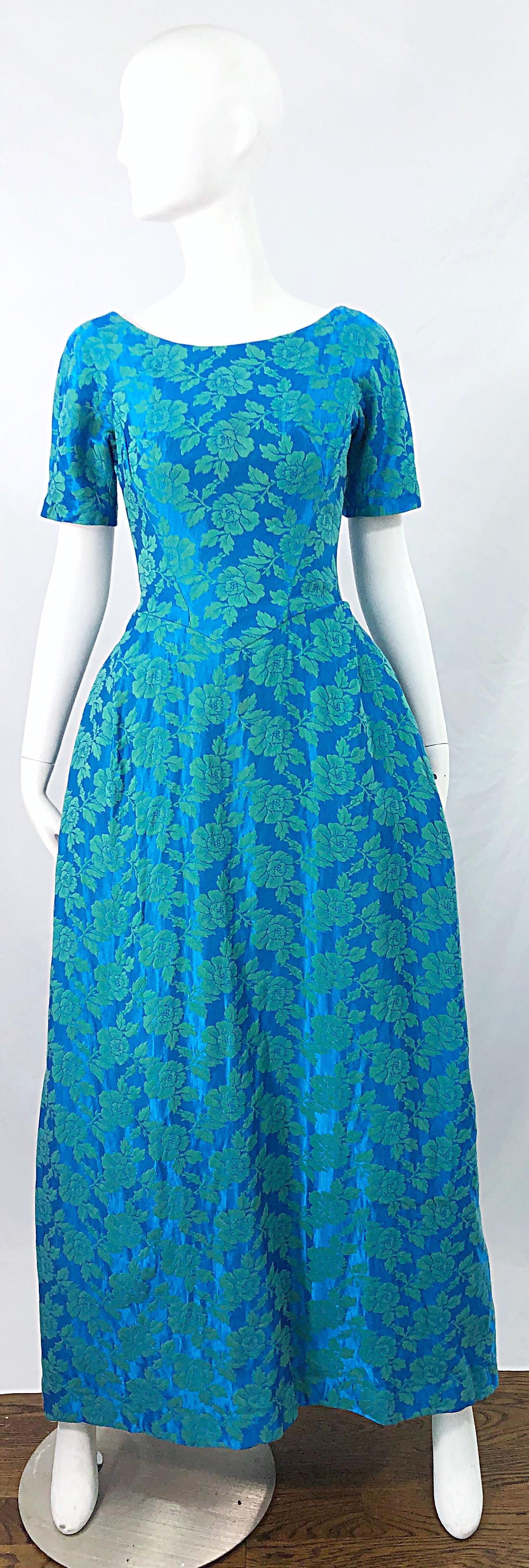 1960s House of Bianchi Demi Couture Turquoise Blue Silk Brocade Vintage 60s Gown For Sale 6