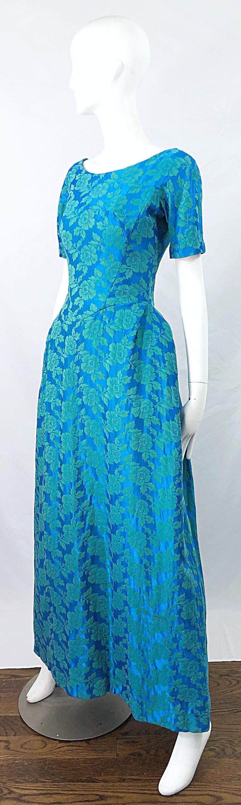 1950s House of Bianchi Demi Couture Turquoise Blue Silk Brocade Vintage 50s Gown For Sale 1