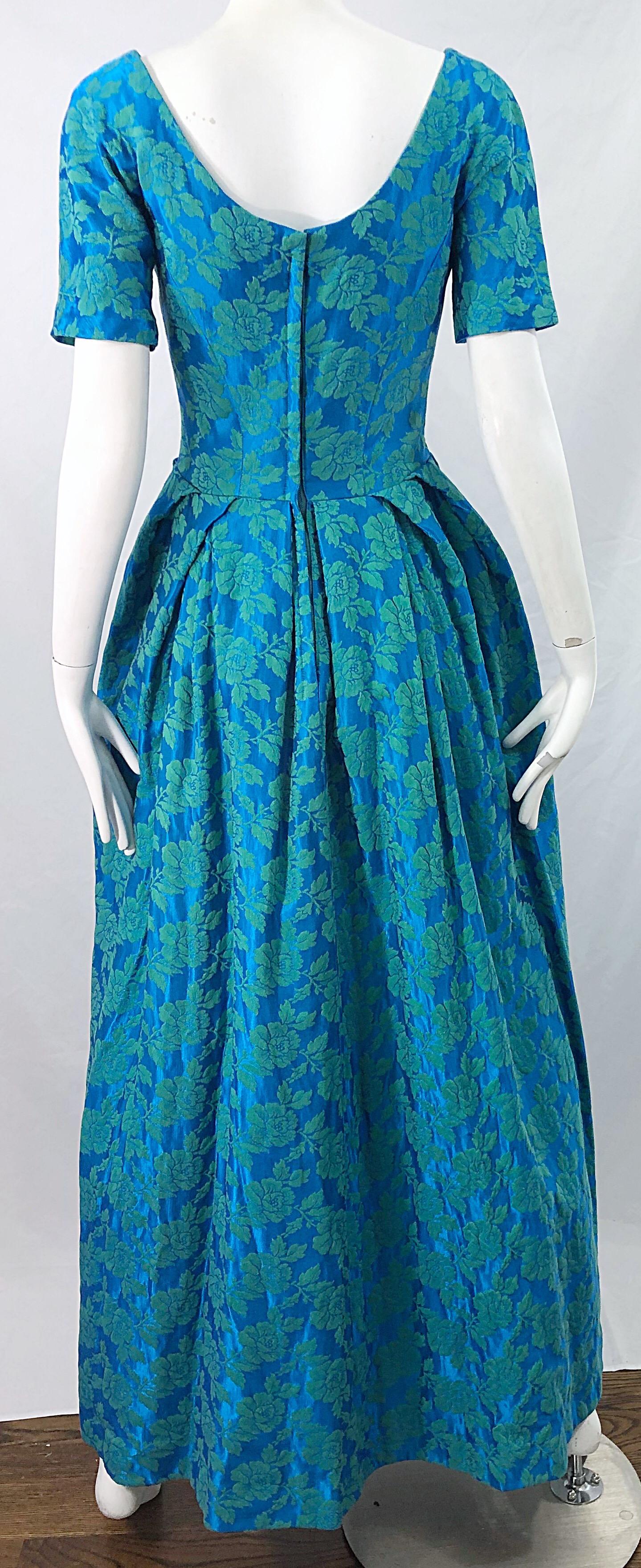 Women's 1960s House of Bianchi Demi Couture Turquoise Blue Silk Brocade Vintage 60s Gown For Sale