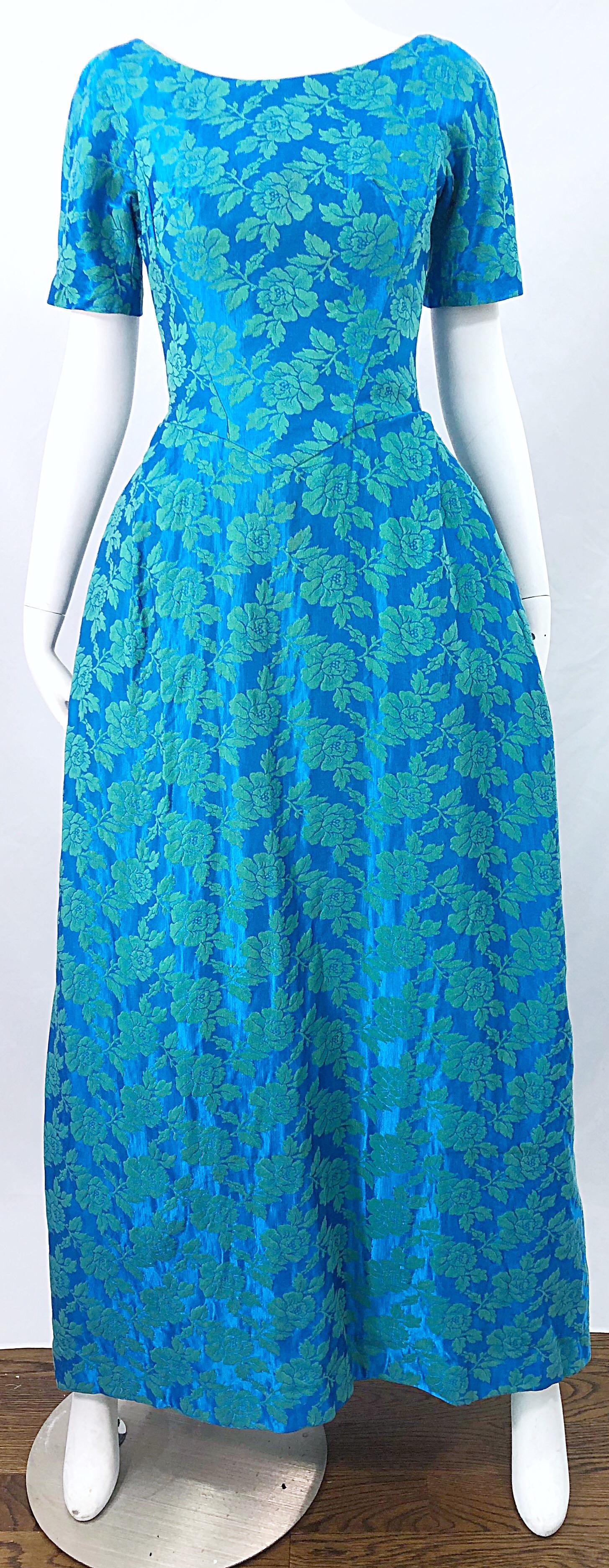 1960s House of Bianchi Demi Couture Turquoise Blue Silk Brocade Vintage 60s Gown For Sale 1