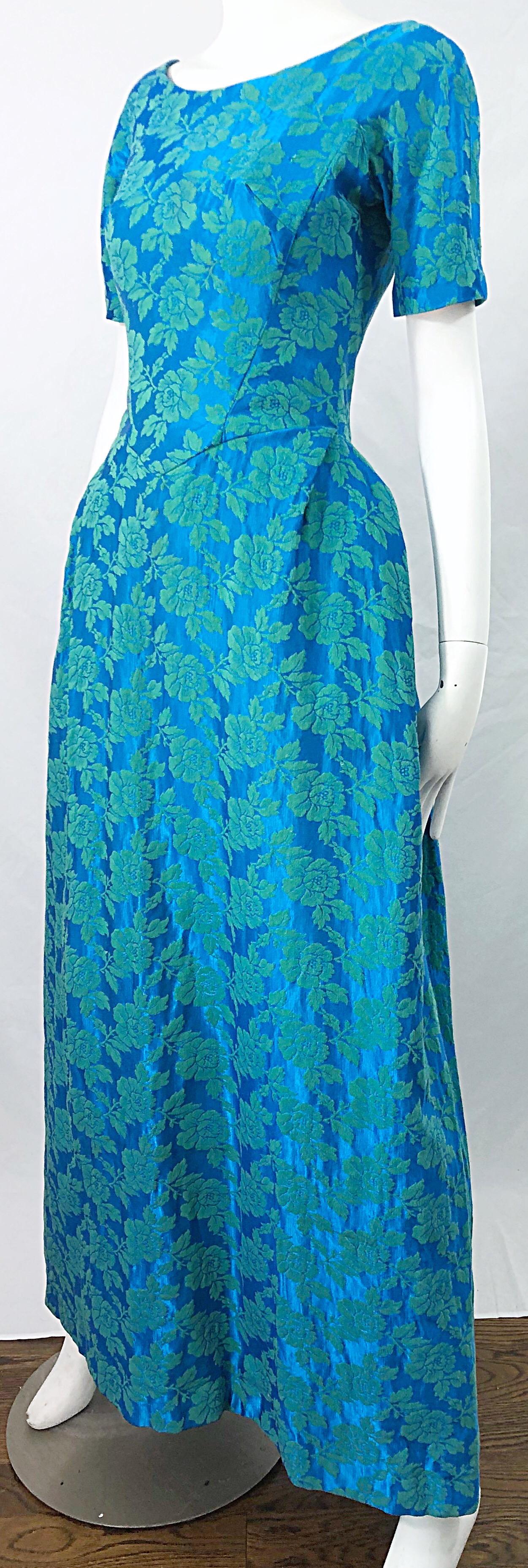 1960s House of Bianchi Demi Couture Turquoise Blue Silk Brocade Vintage 60s Gown For Sale 2
