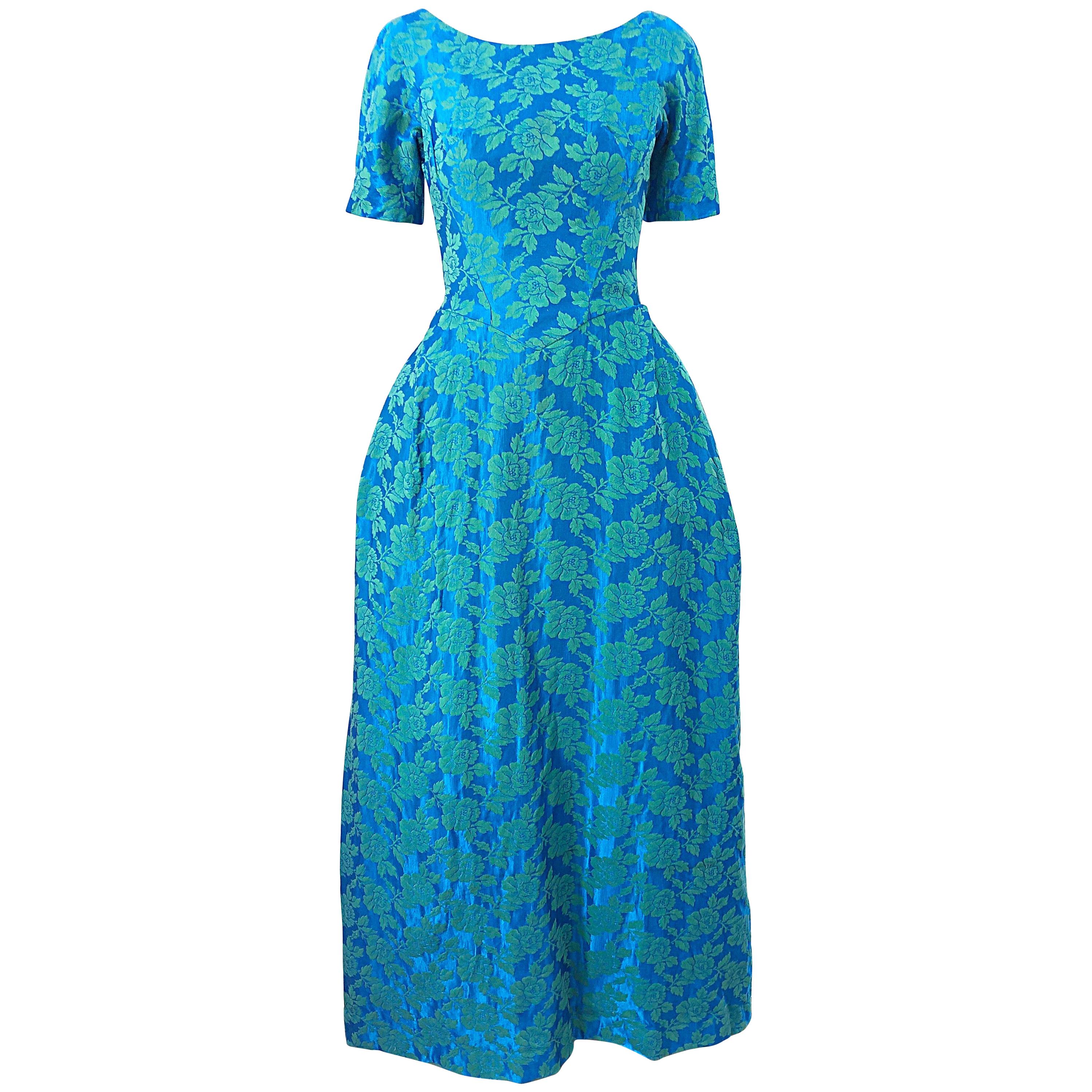 1960s House of Bianchi Demi Couture Turquoise Blue Silk Brocade Vintage 60s Gown For Sale