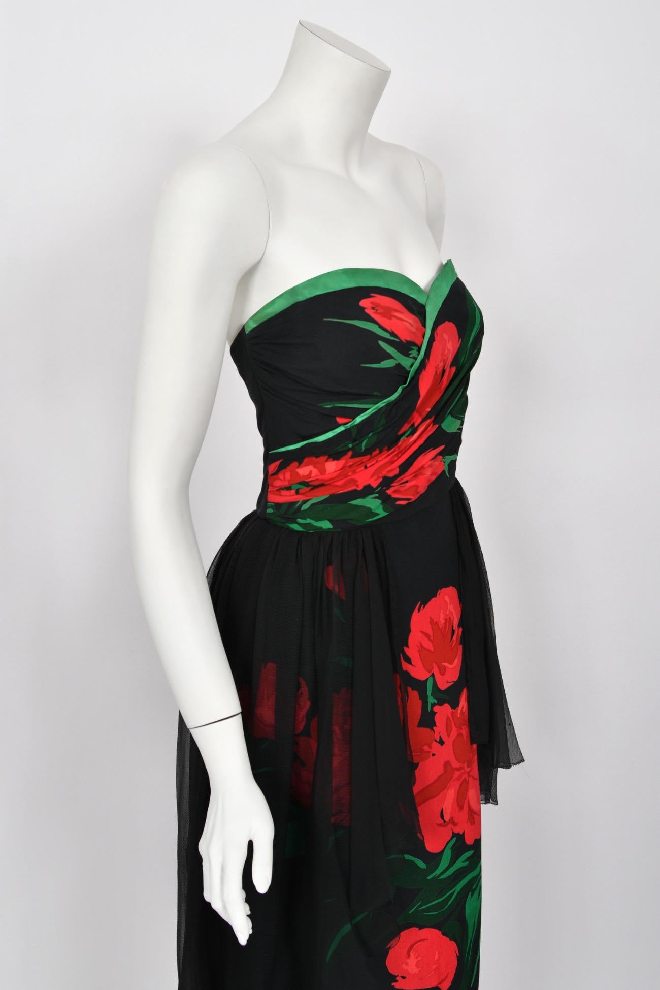 1950's Howard Greer Couture Red Roses Print Silk Strapless High-Low Gown & Shawl For Sale 8