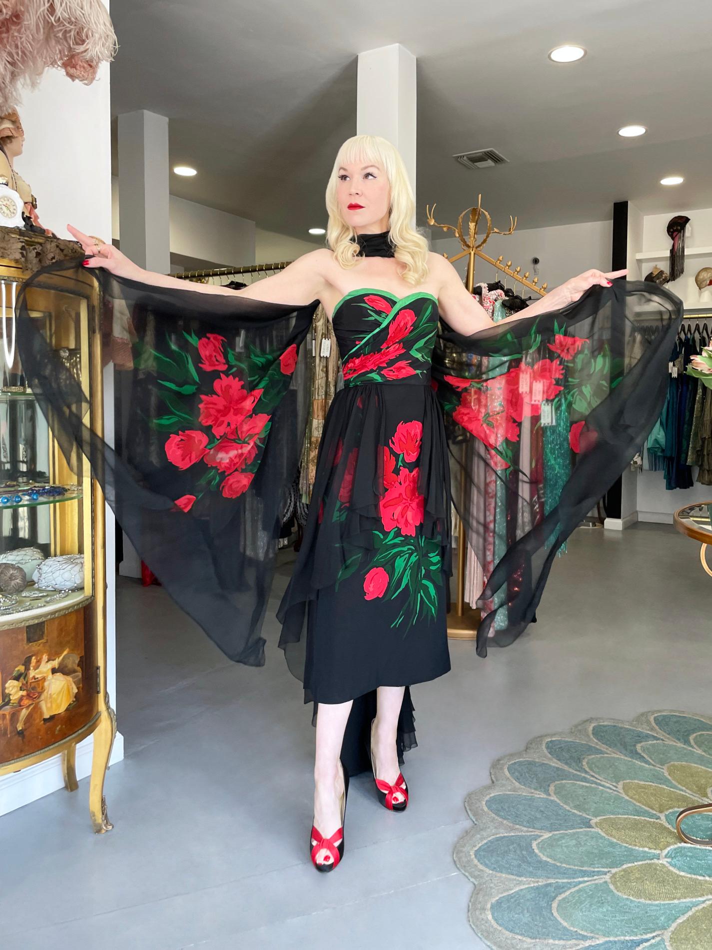 Black 1950's Howard Greer Couture Red Roses Print Silk Strapless High-Low Gown & Shawl For Sale