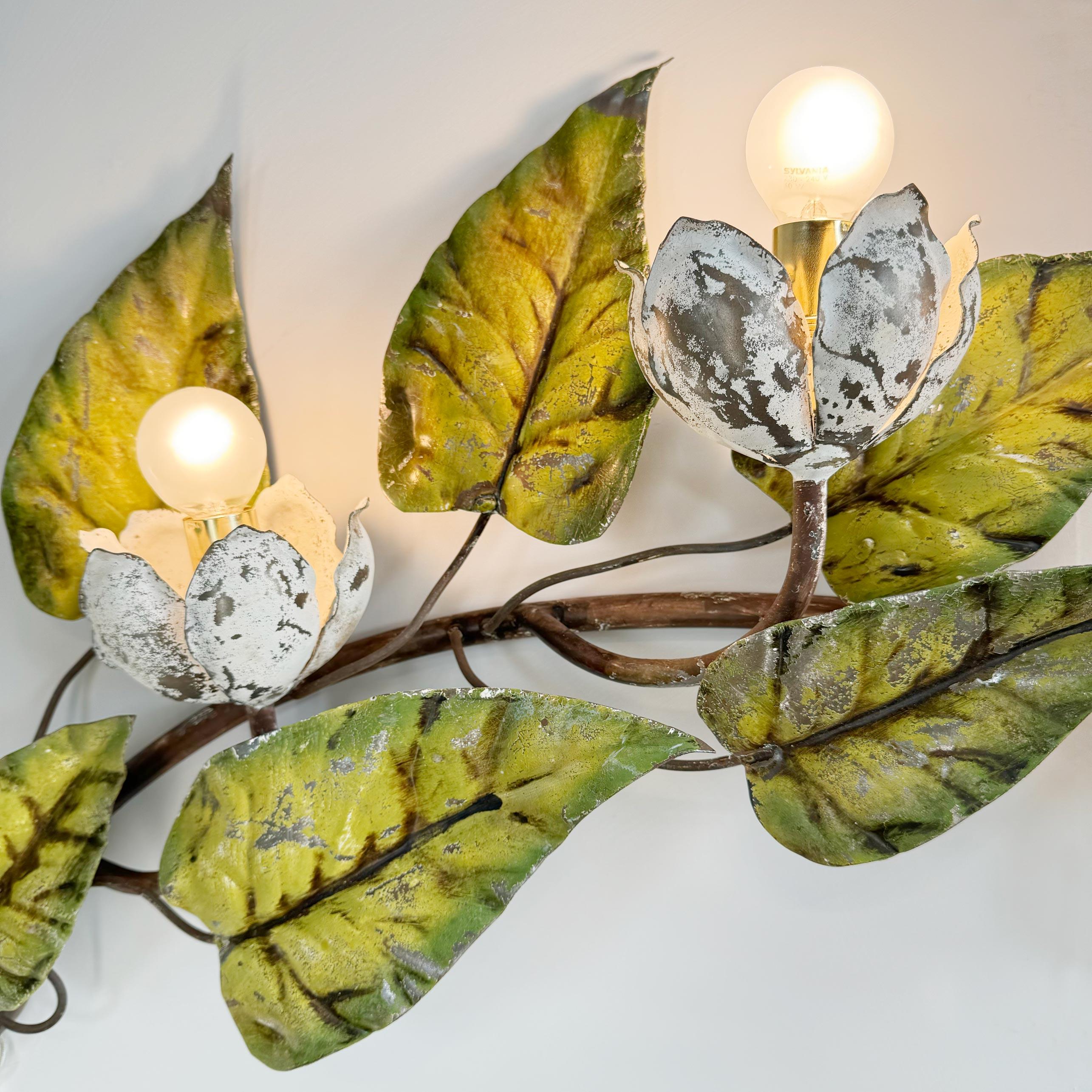 Hand-Painted 1950’s Huge Italian Floral Tole Wall Light For Sale