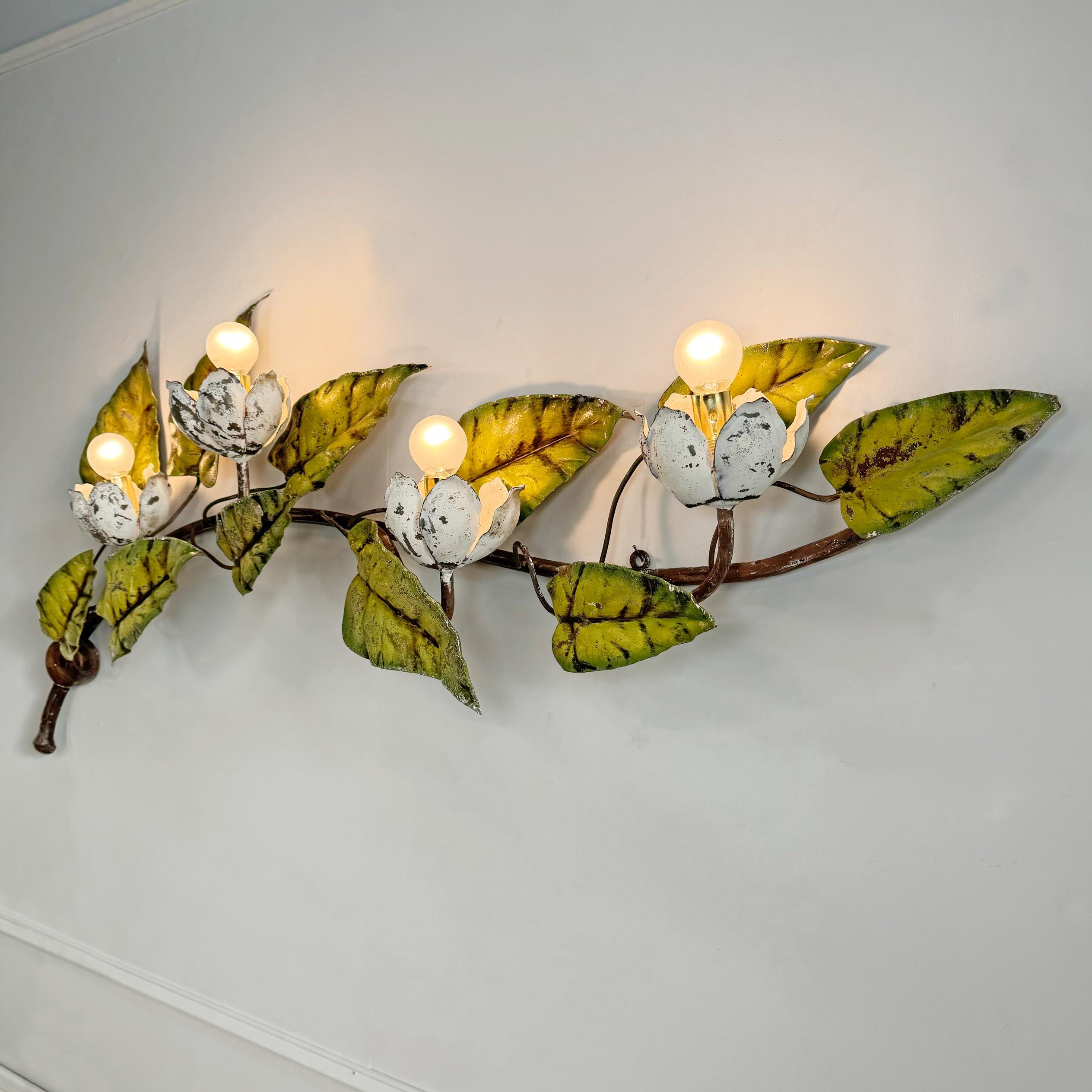 Mid-20th Century 1950’s Huge Italian Floral Tole Wall Light For Sale