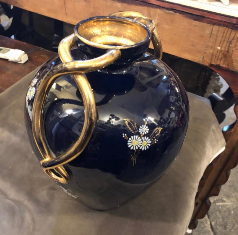 1950s Huge Mid-Century Modern Blue and Gold Ceramic Italian Vase For Sale 1