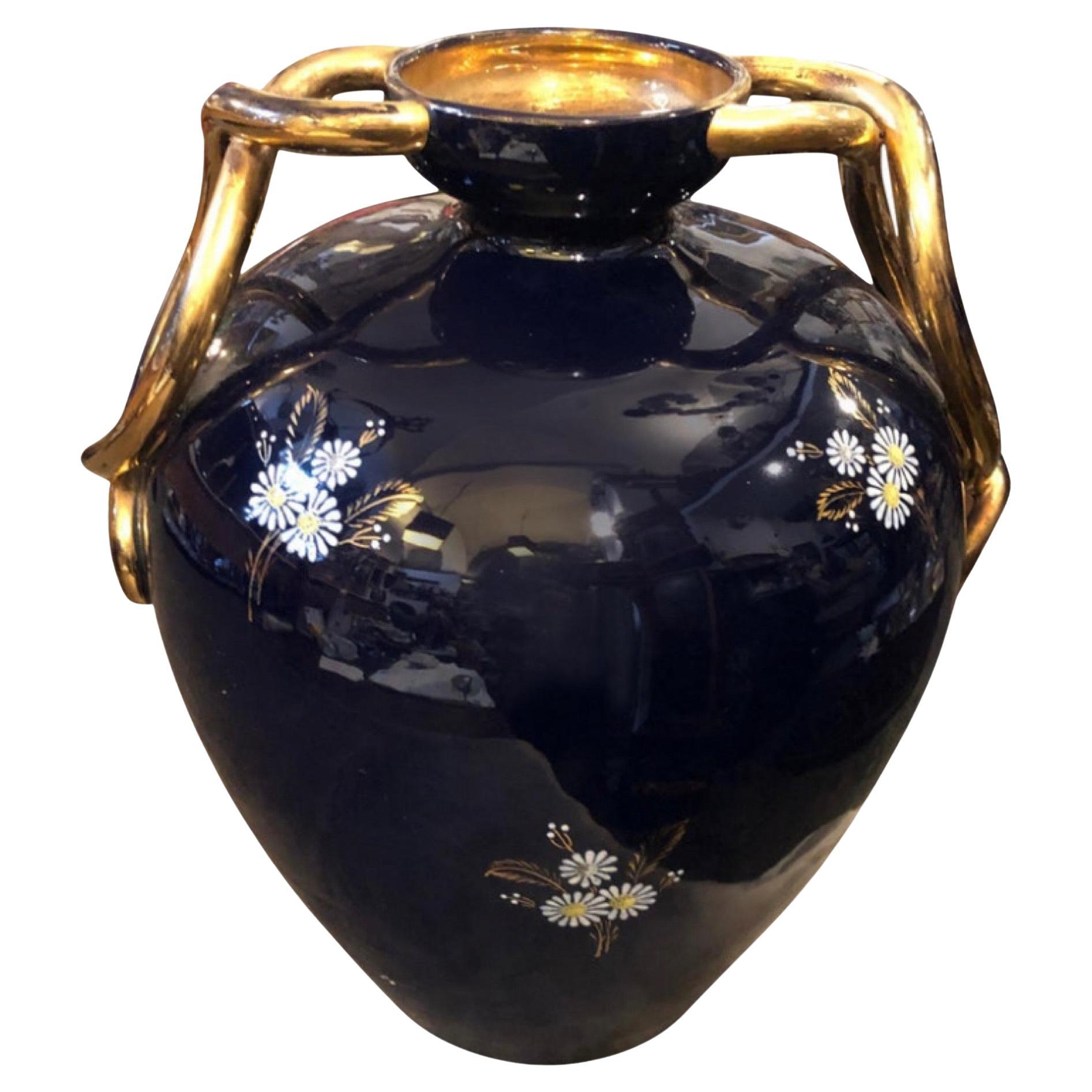 1950s Huge Mid-Century Modern Blue and Gold Ceramic Italian Vase
