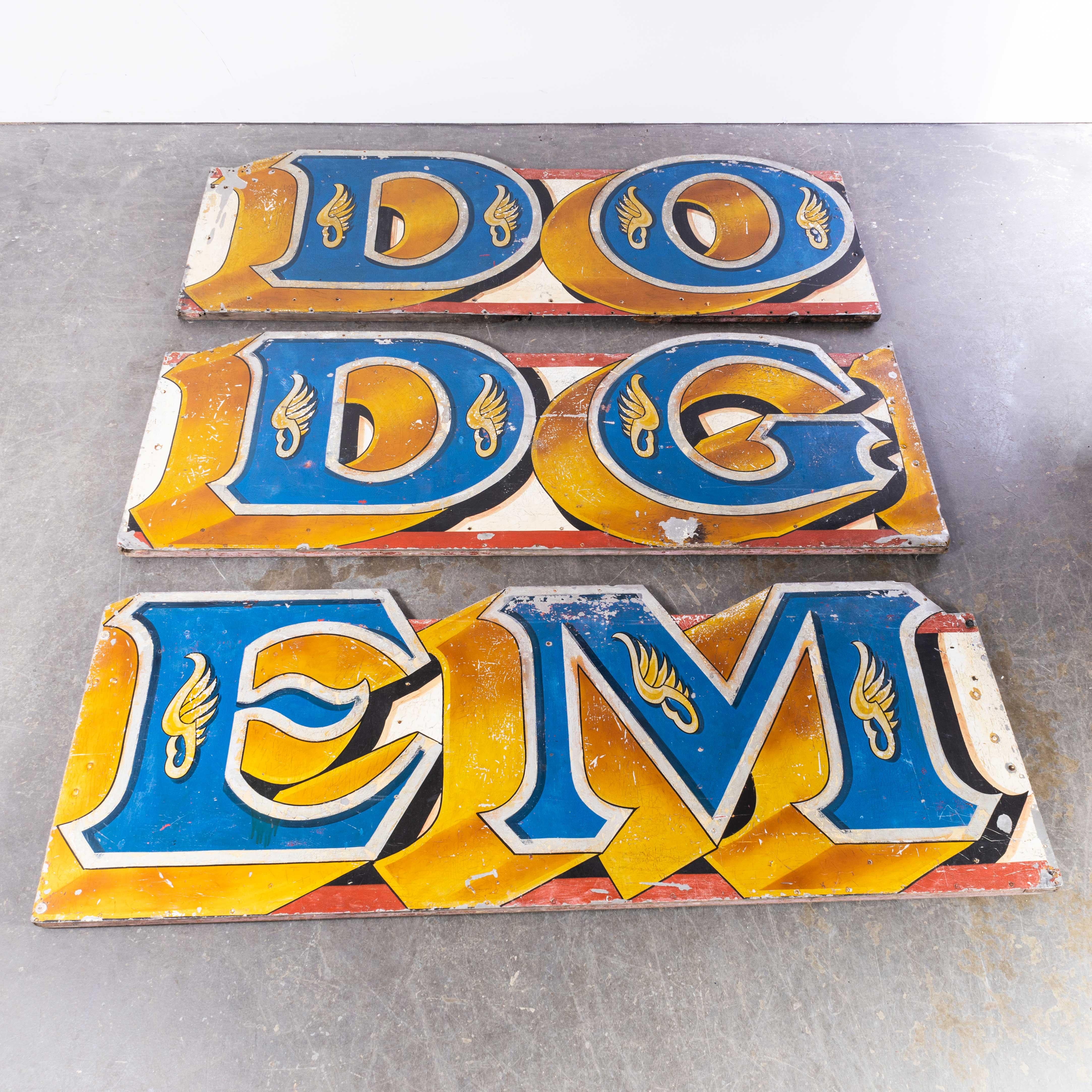 1950s Huge Original hand painted Dodgems Sign – Seven Metres
1950s Huge Original Hand painted Dodgems Sign – Seven Metres. One of the most extraordinary things we have bought. At just over seven metres in length (7.2m) the sign is split into three