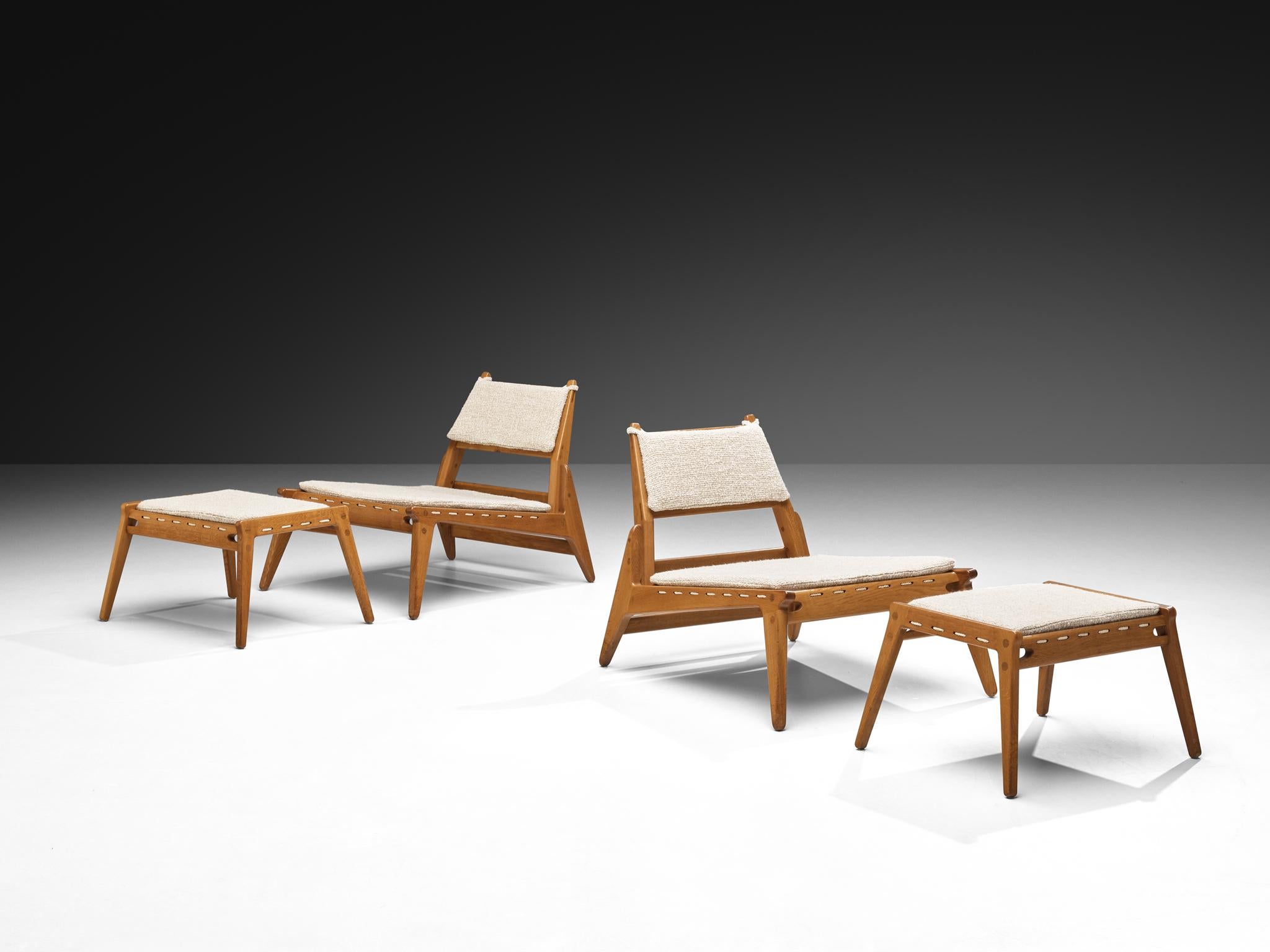 German 1950s 'Hunting' Lounge Chairs with Ottomans in Solid Oak