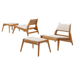 1950s 'Hunting' Lounge Chairs with Ottomans in Solid Oak