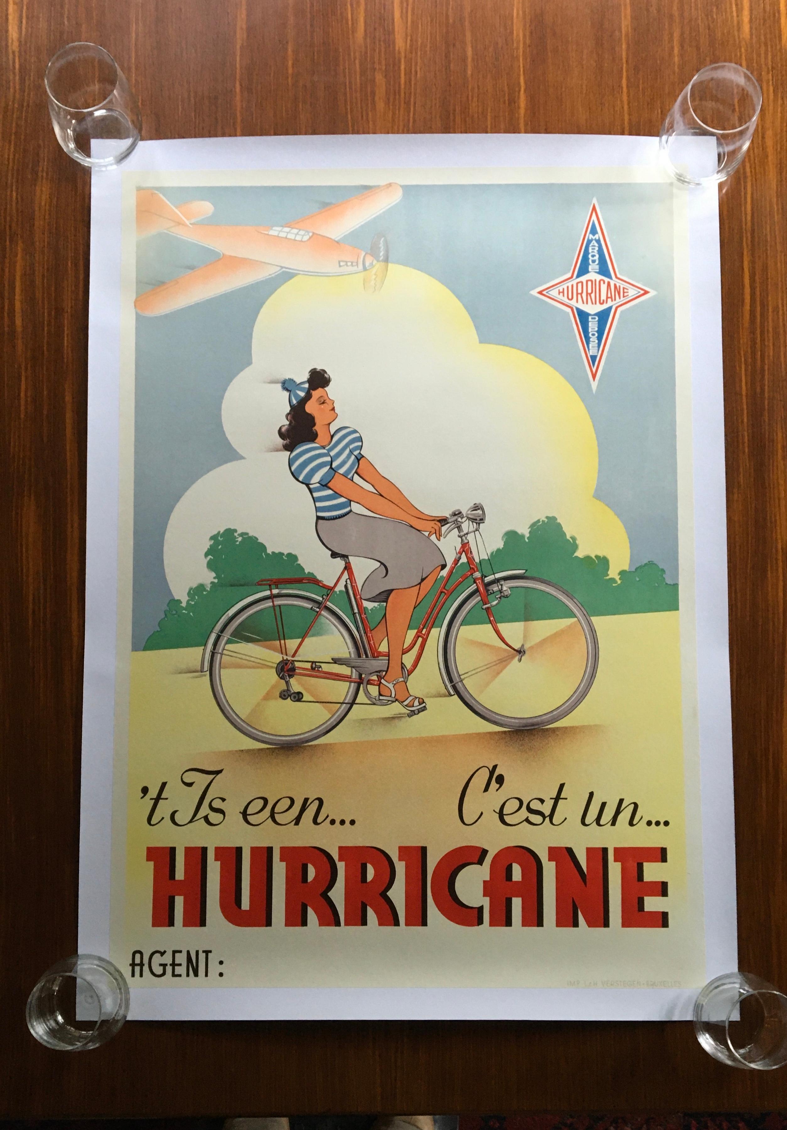 1950s Hurricane Bicycle Poster, Linen Backed, Belgium 10