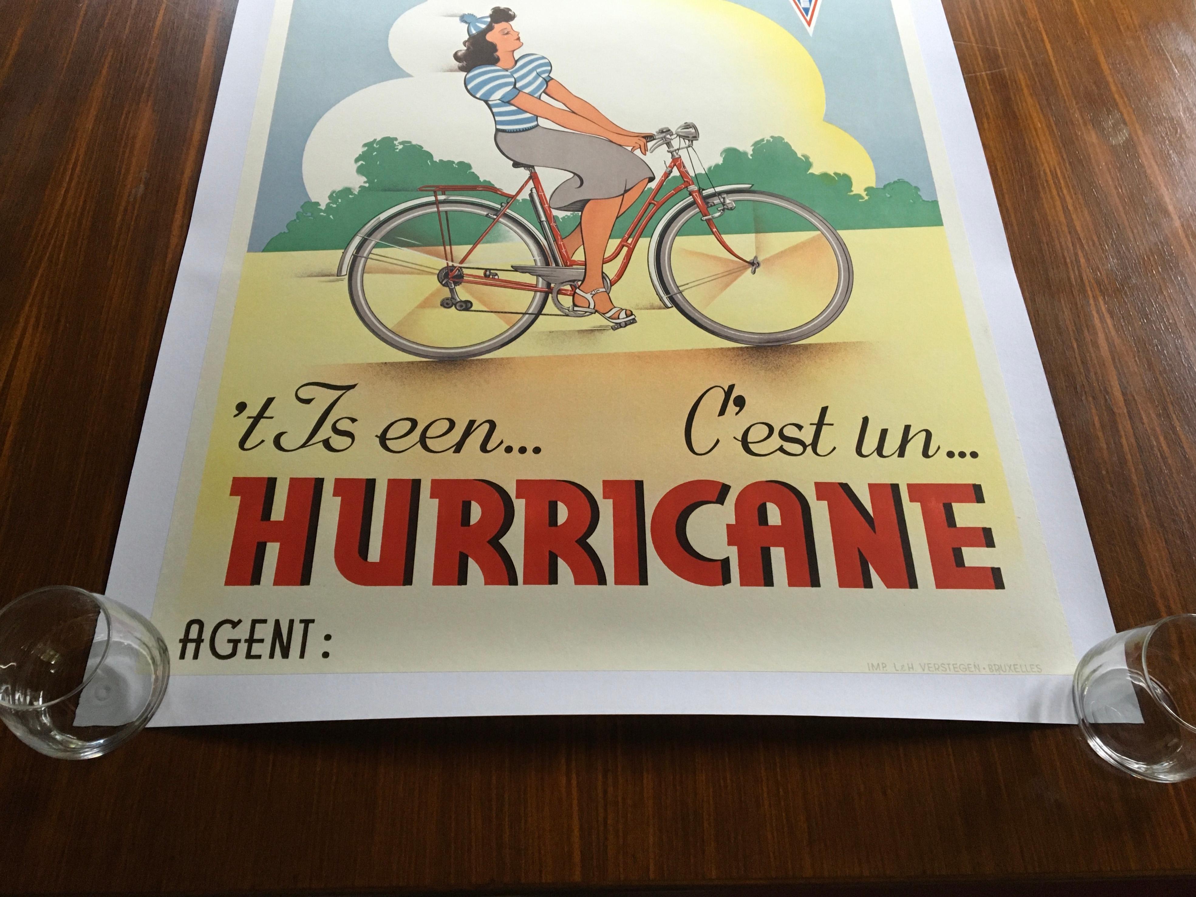 1950s Hurricane Bicycle Poster, Linen Backed, Belgium 1