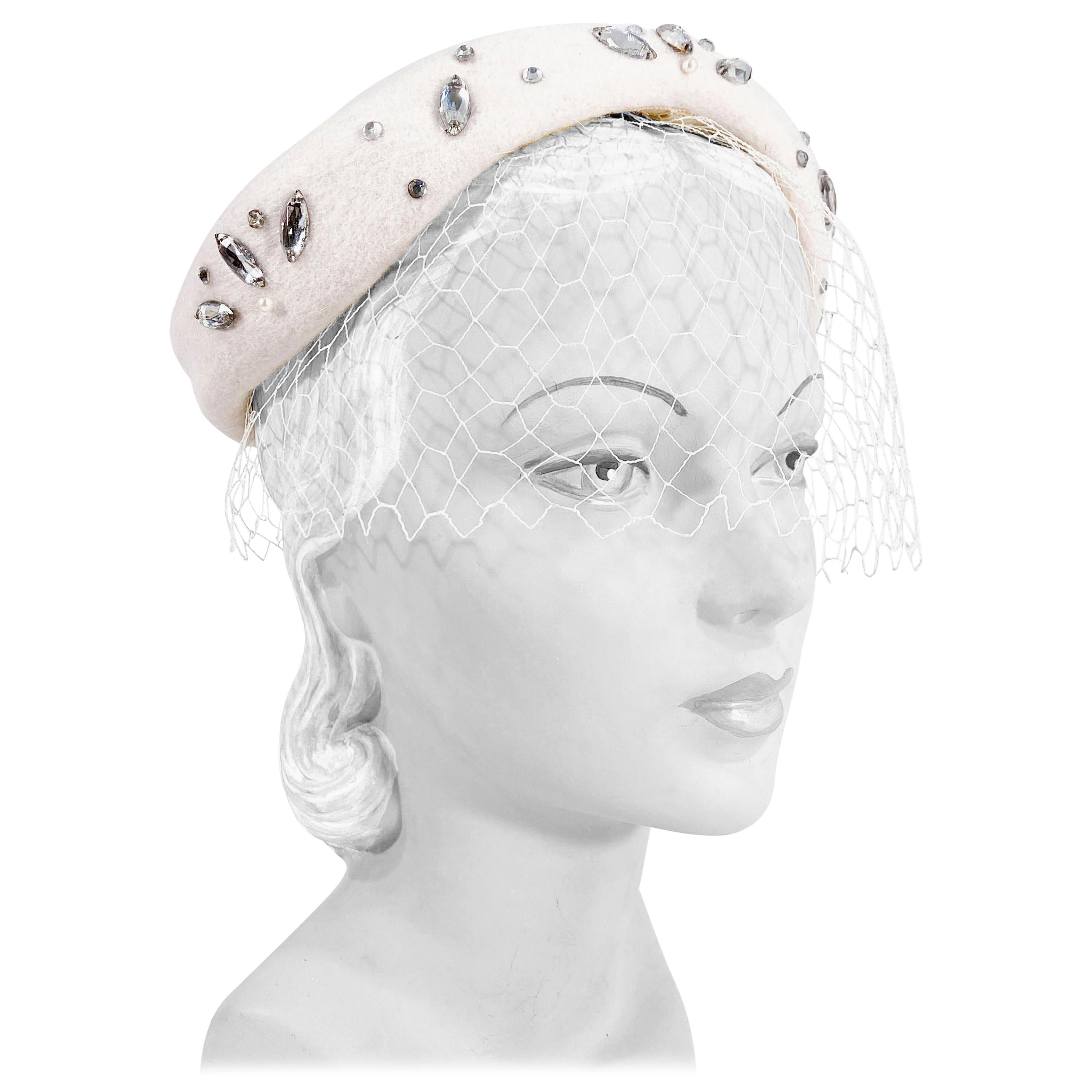 1950s I. Magnin Cream Felt Hat with Rhinestones and Net For Sale
