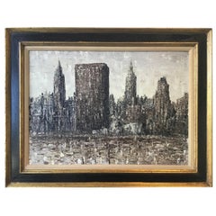 1950s Impasto Painting of New York City Skyline Showing the U.N. Building