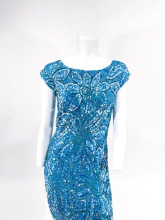 1950s Imperial Aqua Blue Sequin and Beaded Knit Dress