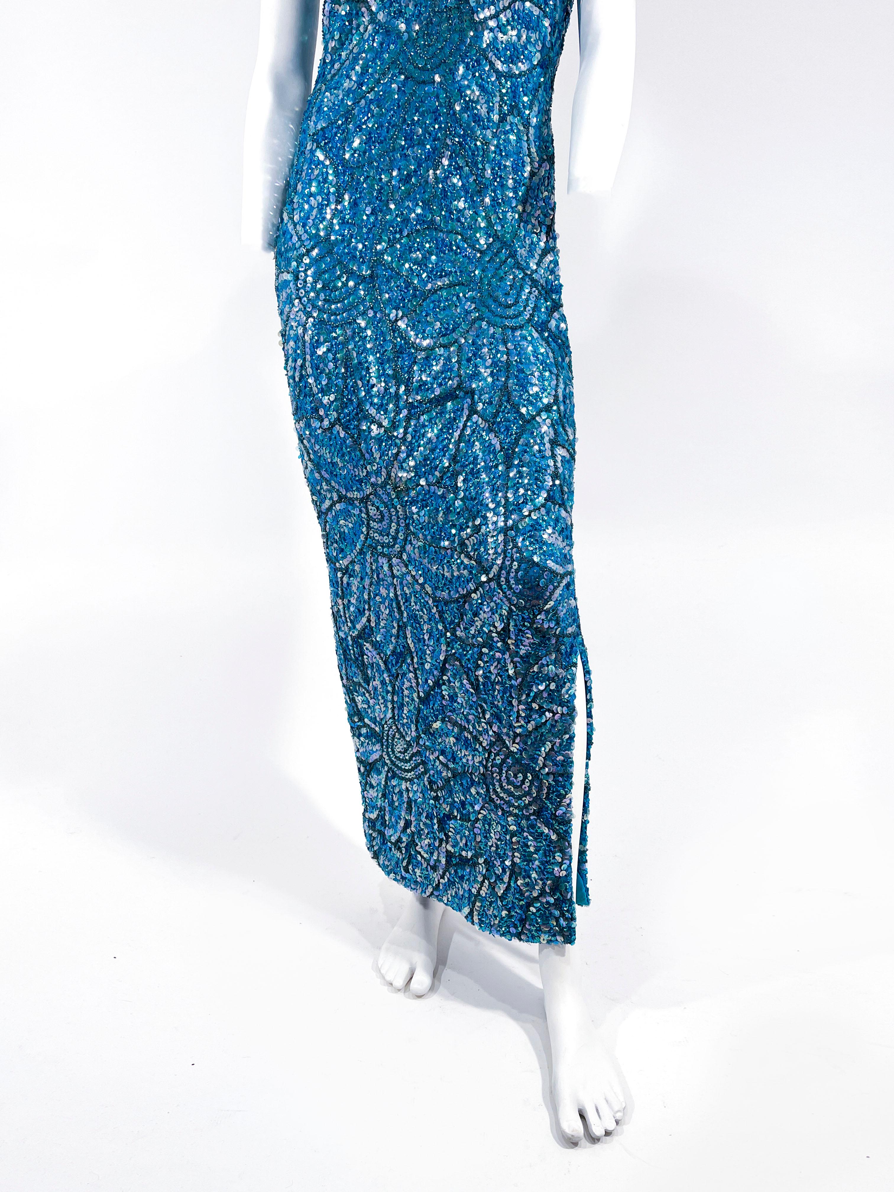 1950s Imperial Aqua Blue Sequin and Beaded Knit Dress In Good Condition For Sale In San Francisco, CA