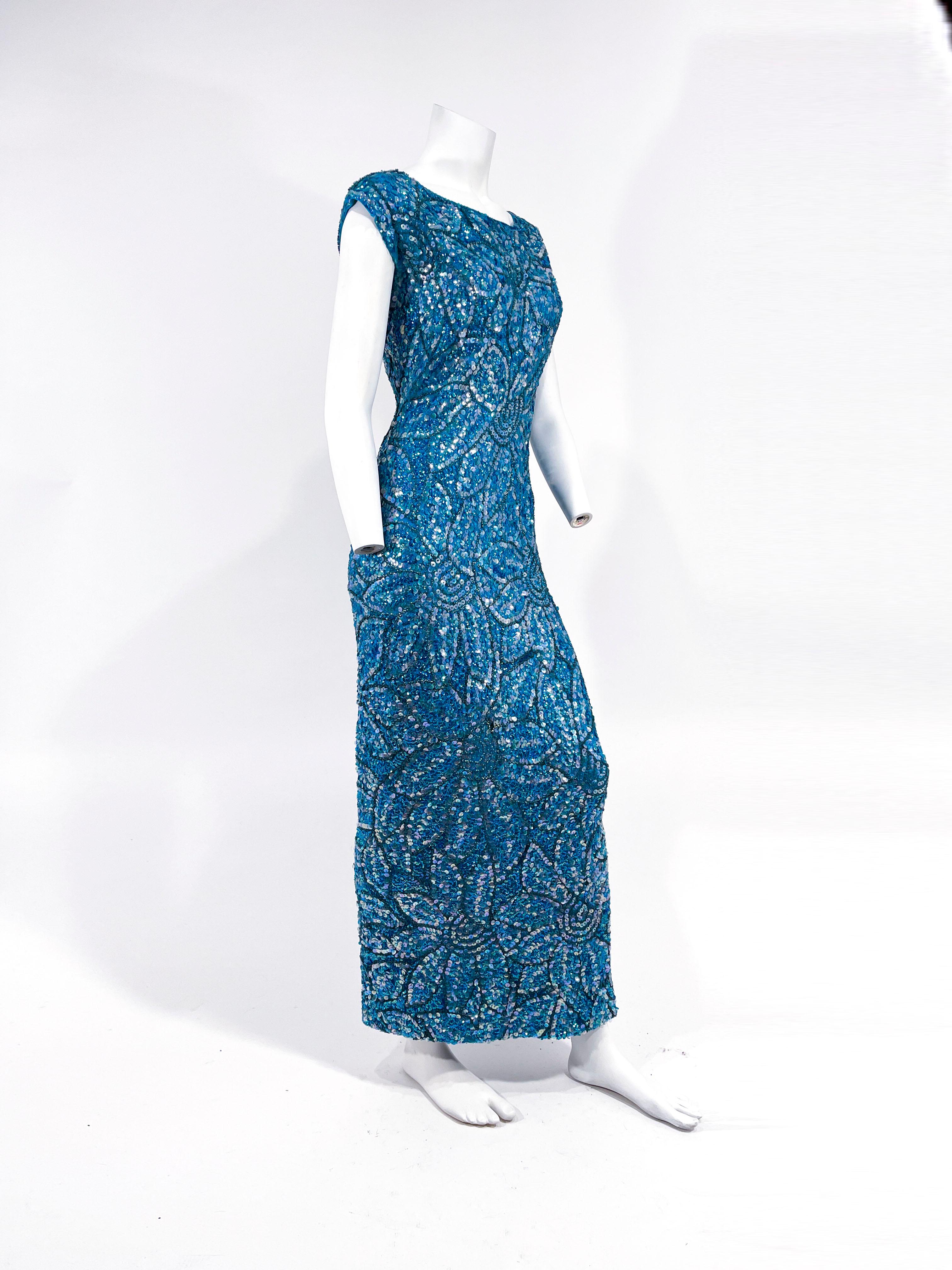 Women's 1950s Imperial Aqua Blue Sequin and Beaded Knit Dress For Sale