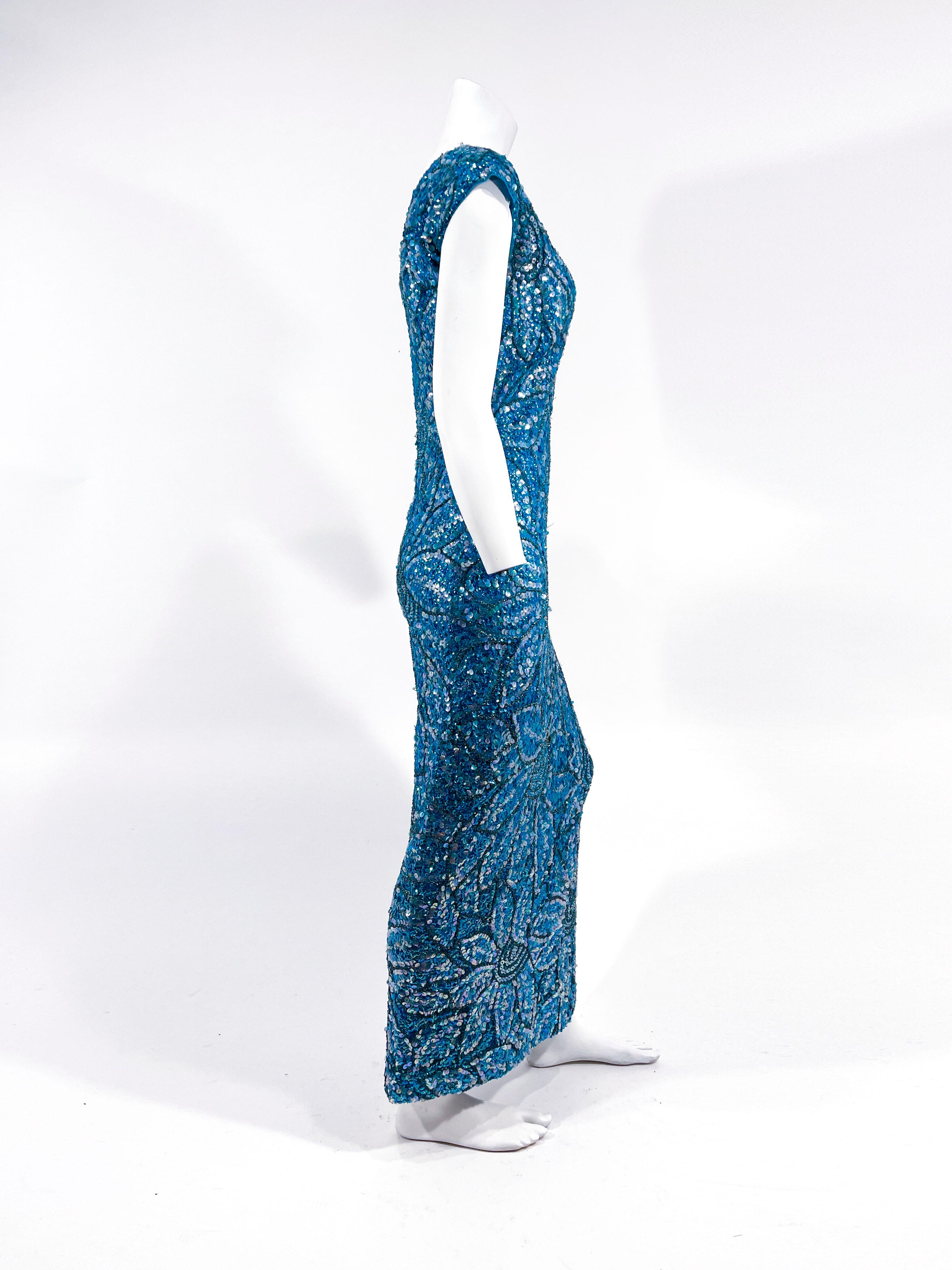 1950s Imperial Aqua Blue Sequin and Beaded Knit Dress For Sale 1